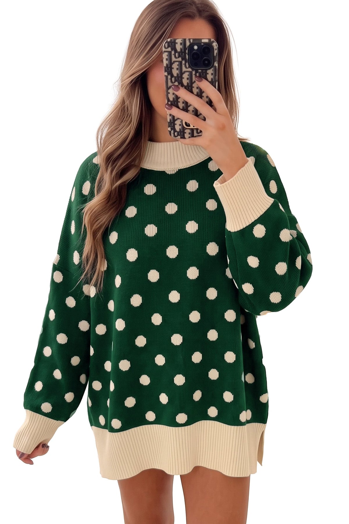 Green Polka Dot Pattern Ribbed Colorblock Trim Split Tunic Sweater