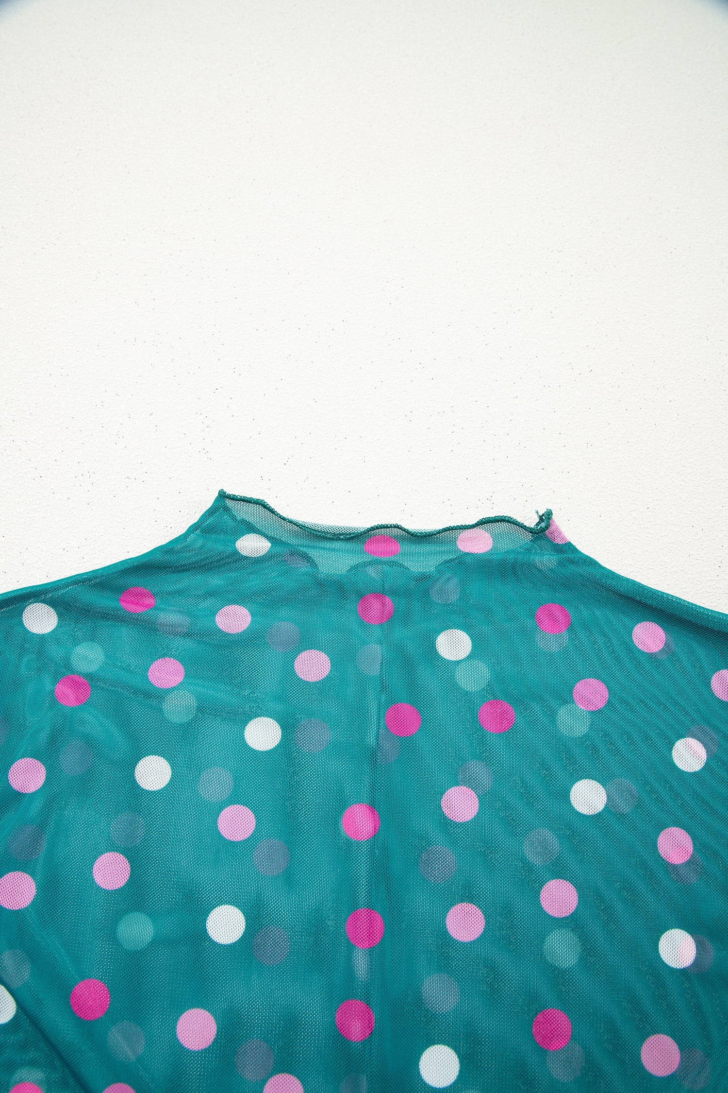 Green Polka Dot Patterned Bodycon Mock Neck Mesh Long Sleeve Top