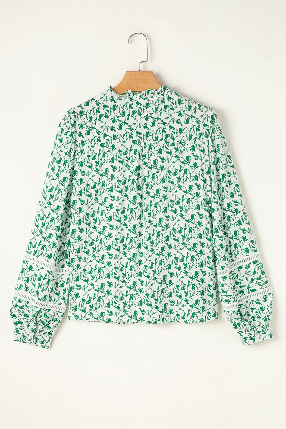 Green Printed Lace Detail Floral Puff Sleeve Fall Shirt