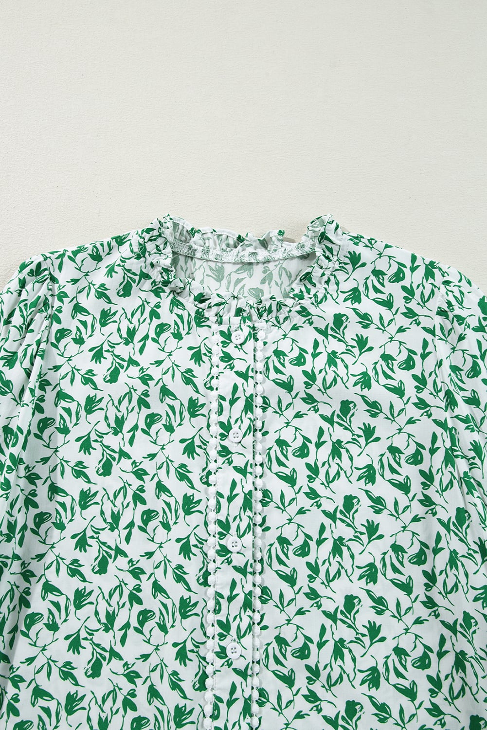 Green Printed Lace Detail Floral Puff Sleeve Fall Shirt