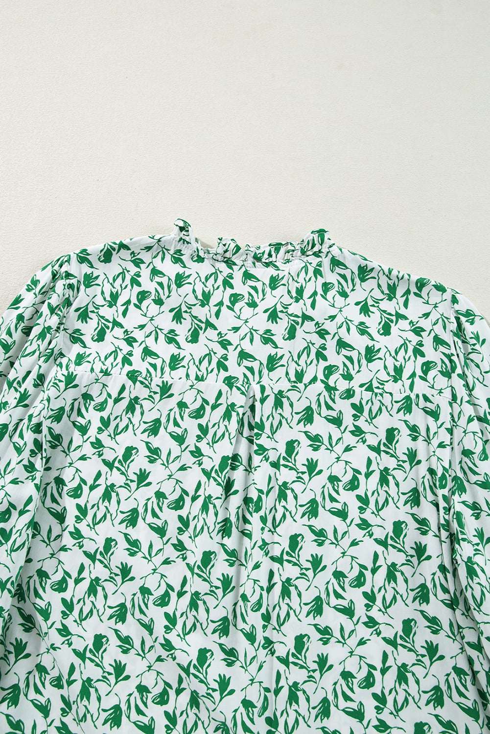Green Printed Lace Detail Floral Puff Sleeve Fall Shirt