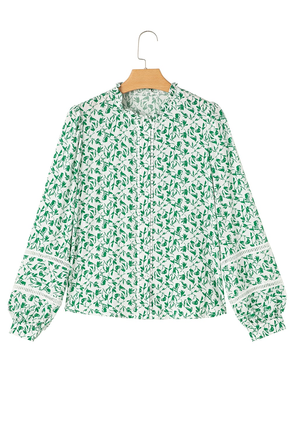 Green Printed Lace Detail Floral Puff Sleeve Fall Shirt