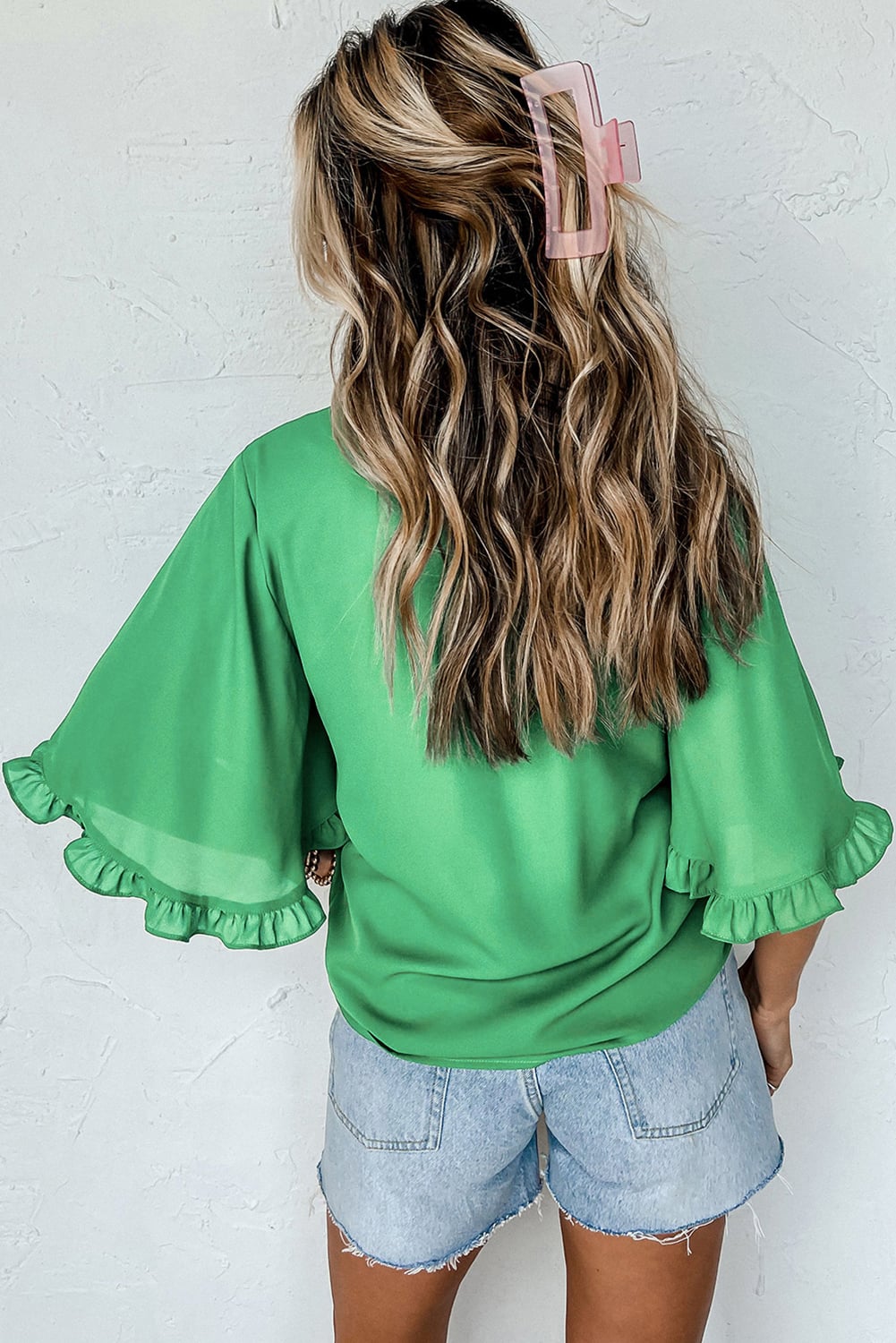 Green Ruffled Bell Sleeve Loose Blouse