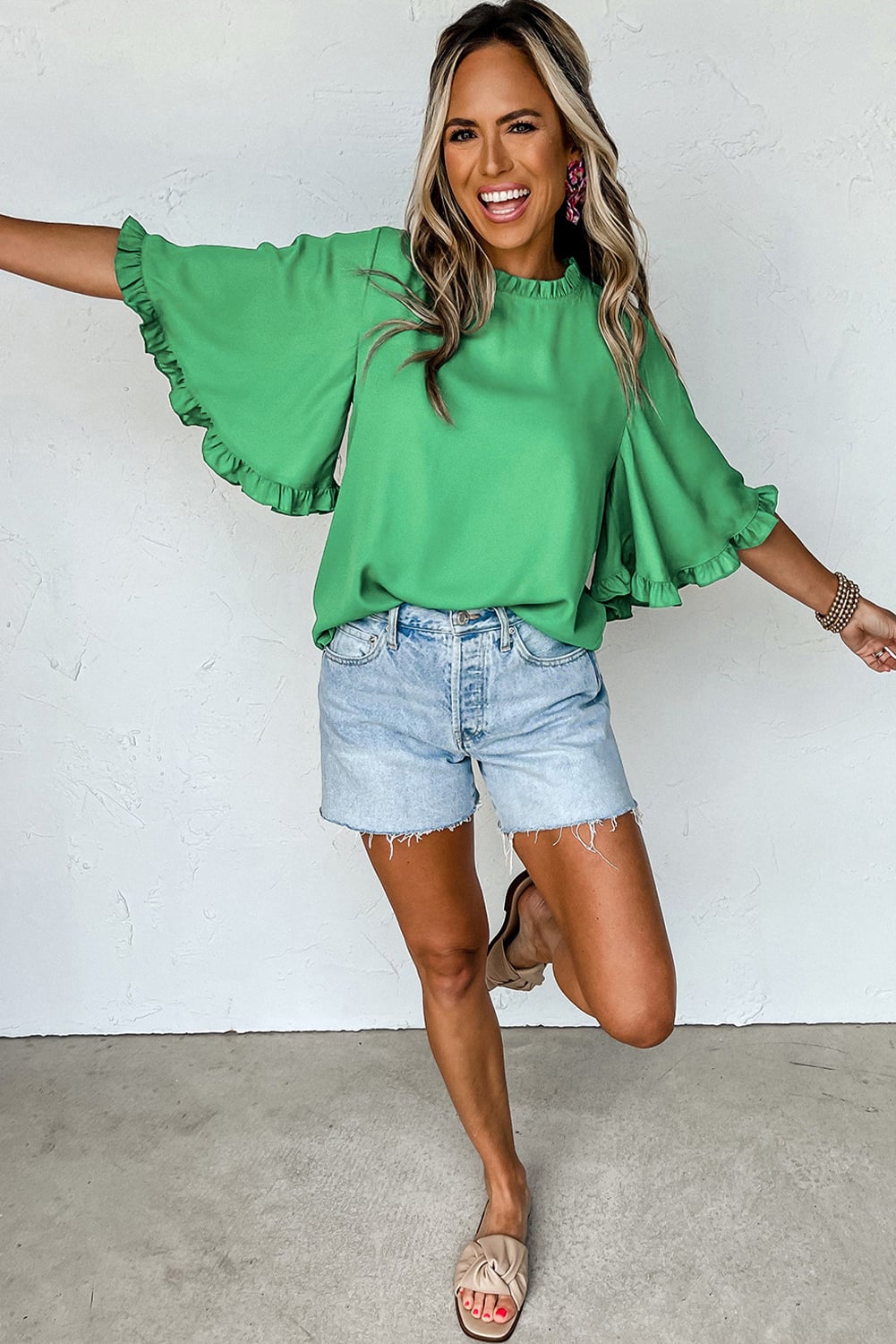 Green Ruffled Bell Sleeve Loose Blouse