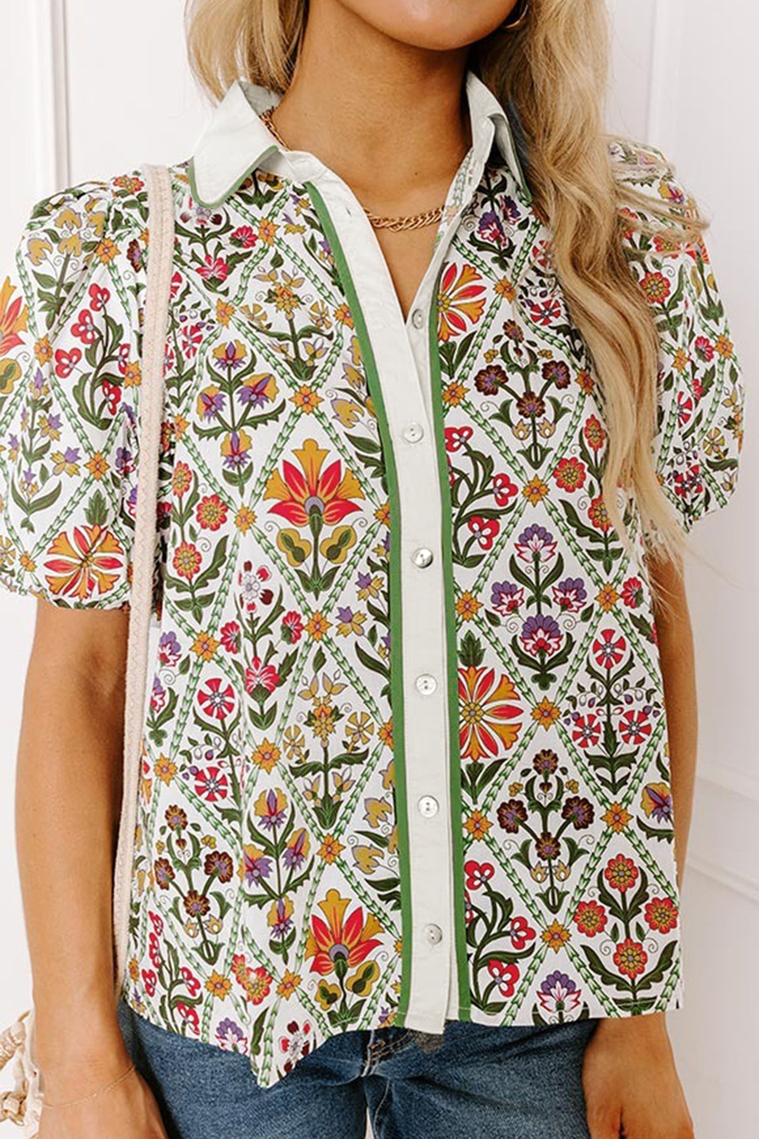 Green Short Bubble Sleeve Floral Shirt