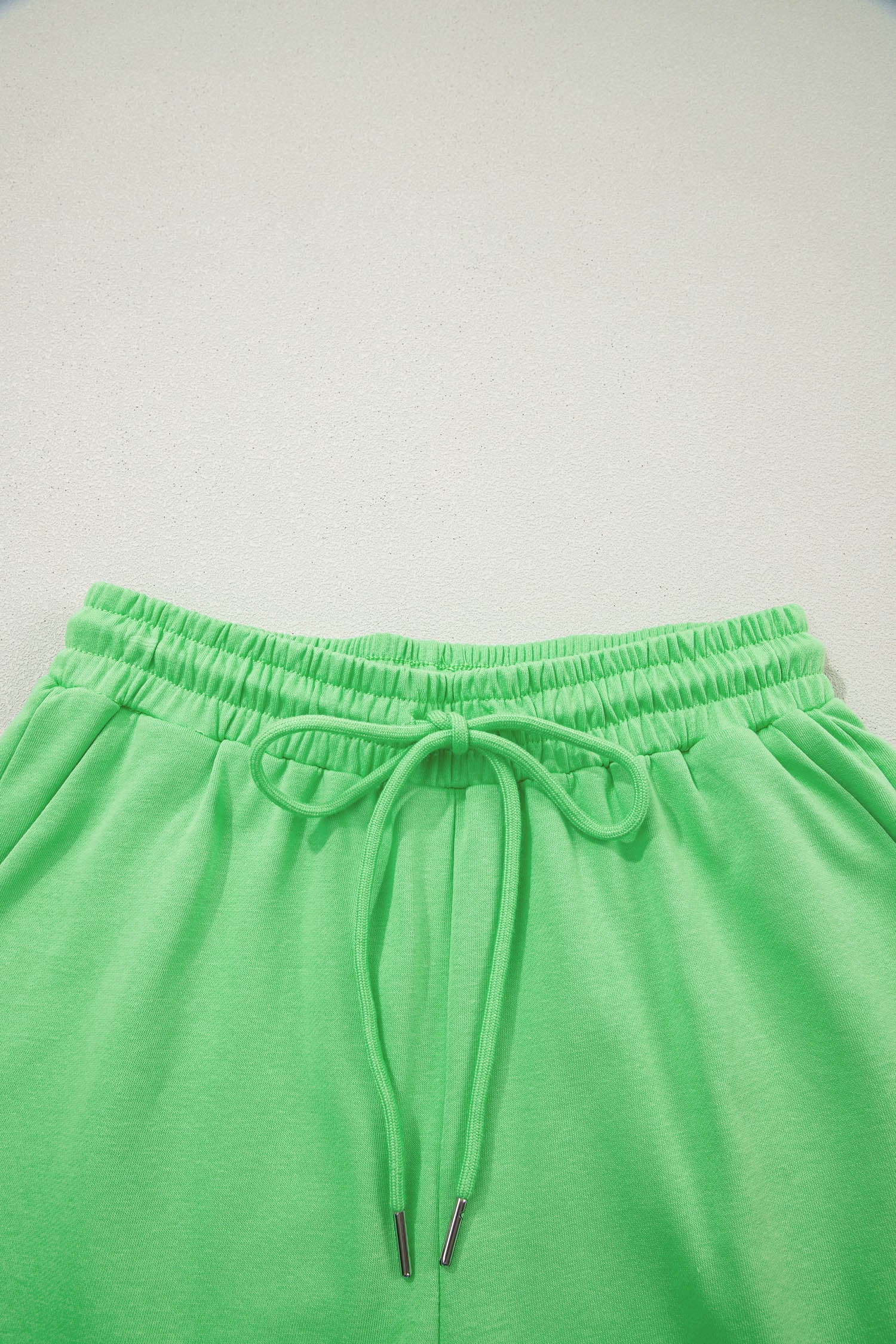 Green Solid Color Puffy Loose Top Drawstring Shorts 2pcs Outfit