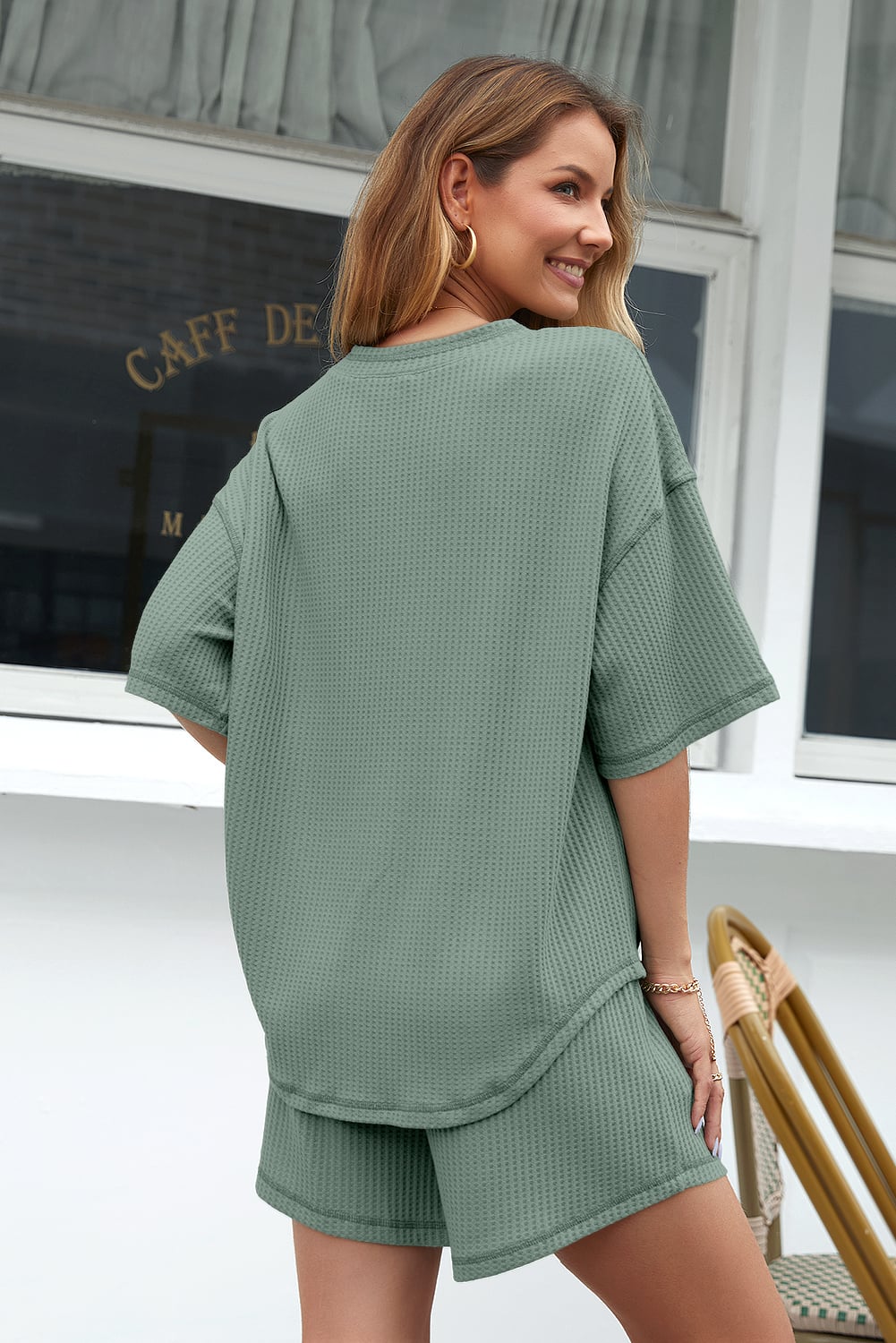 Green Solid Color Waffled V Neck Loose Tee Drawstring Shorts Set
