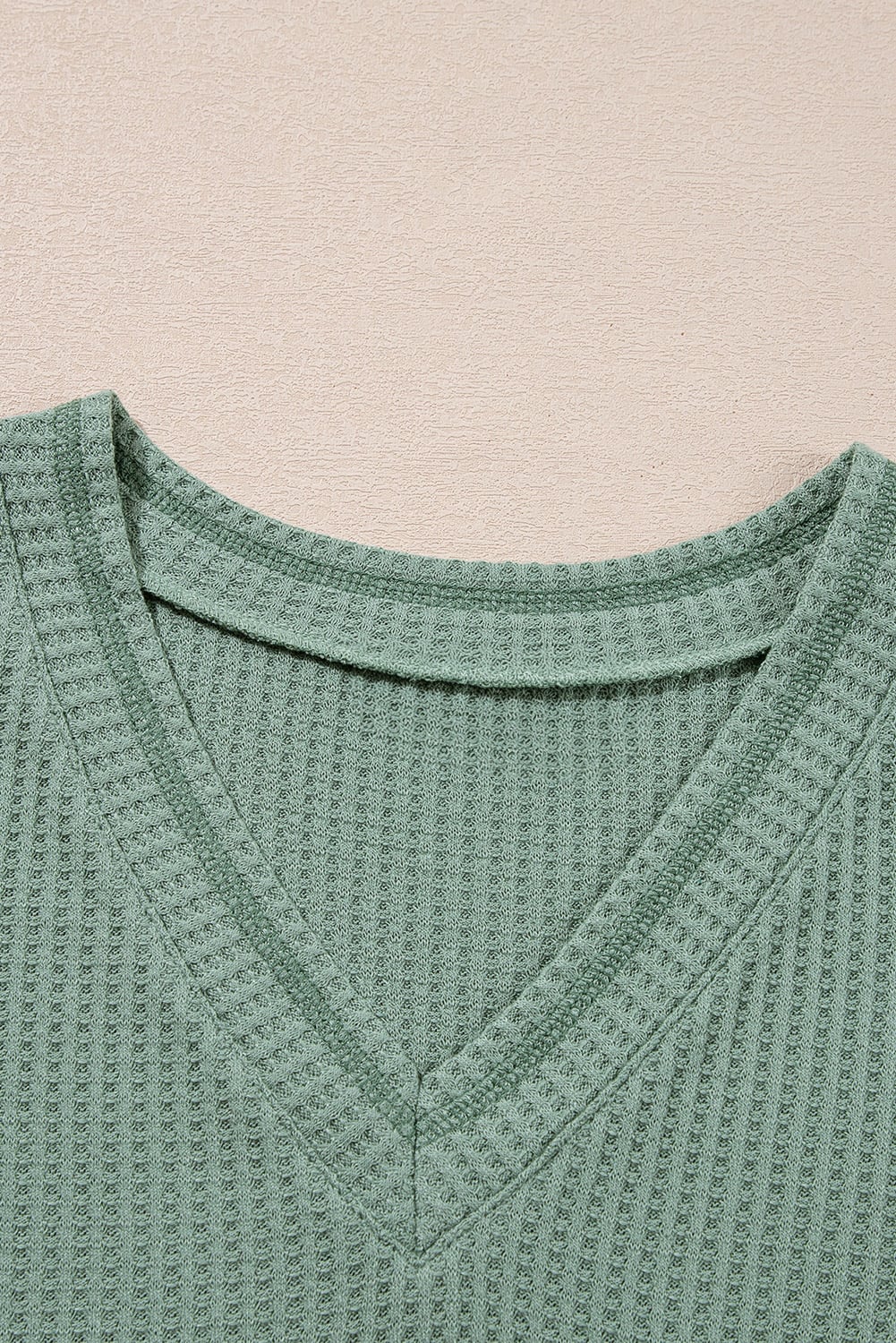 Green Solid Color Waffled V Neck Loose Tee Drawstring Shorts Set