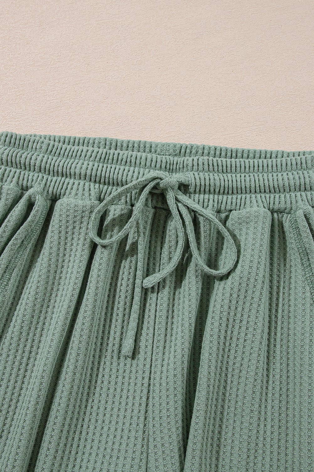 Green Solid Color Waffled V Neck Loose Tee Drawstring Shorts Set