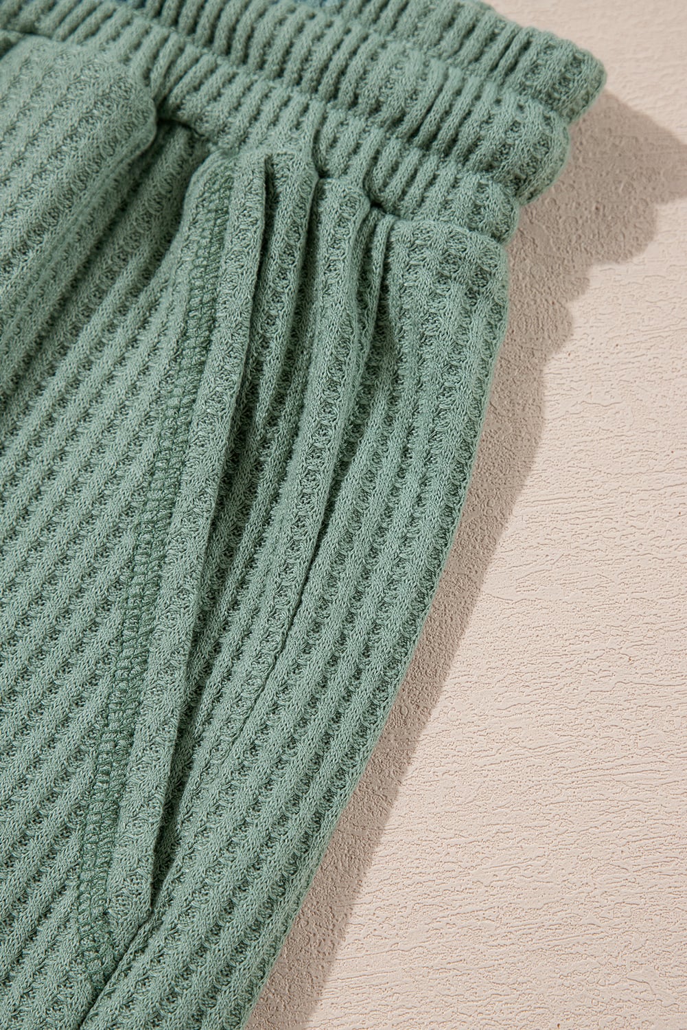 Green Solid Color Waffled V Neck Loose Tee Drawstring Shorts Set