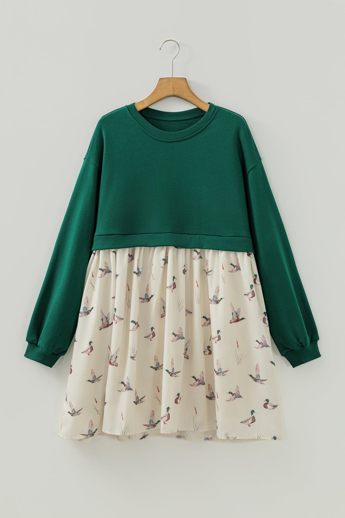 Green Solid Long Sleeve Patchwork Mallard Flared 2-in-1 Mini Dress