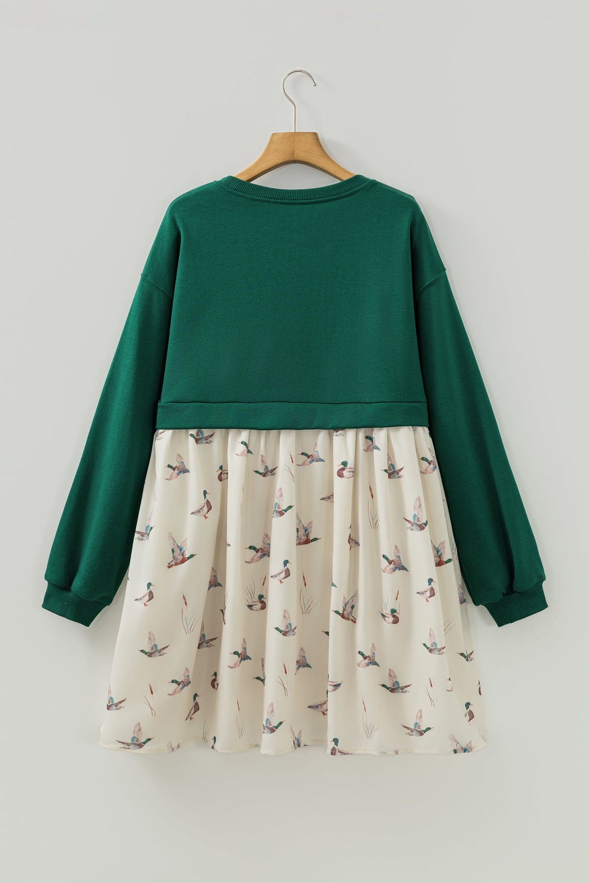 Green Solid Long Sleeve Patchwork Mallard Flared 2-in-1 Mini Dress