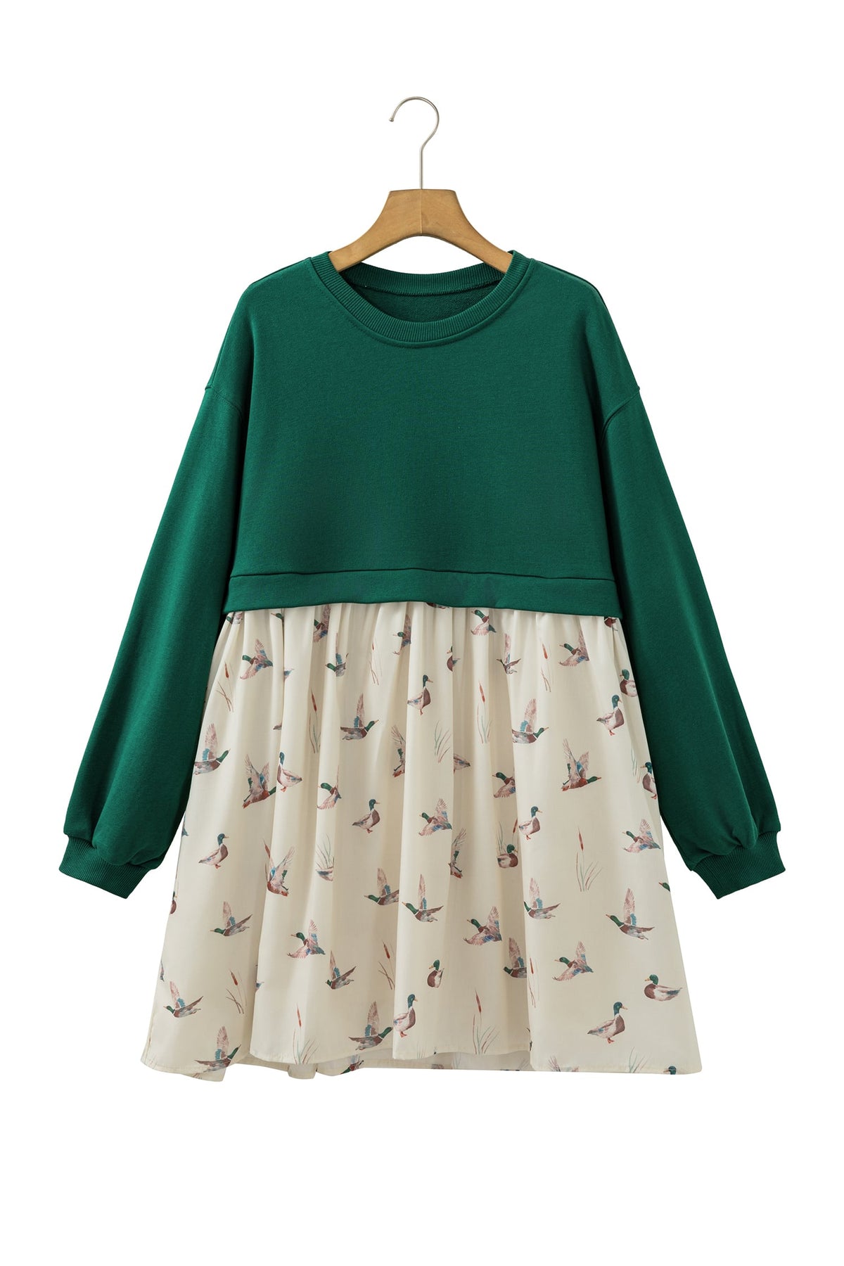Green Solid Long Sleeve Patchwork Mallard Flared 2-in-1 Mini Dress