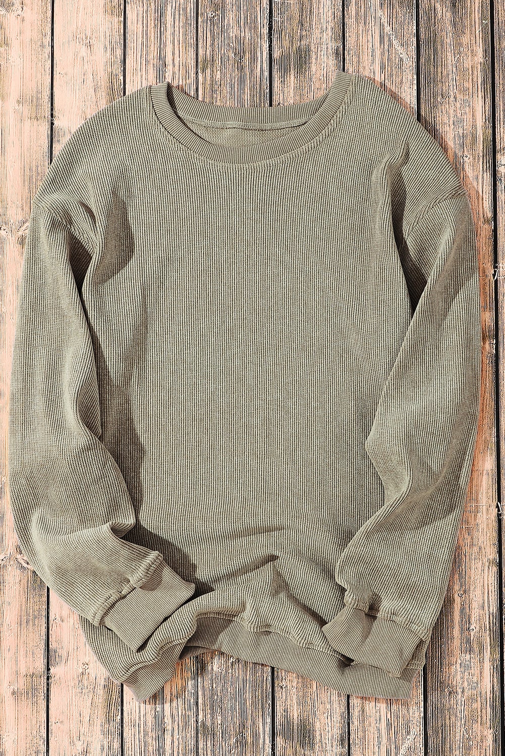 Green Solid Ribbed Knit Round Neck Pullover Sweatshirt