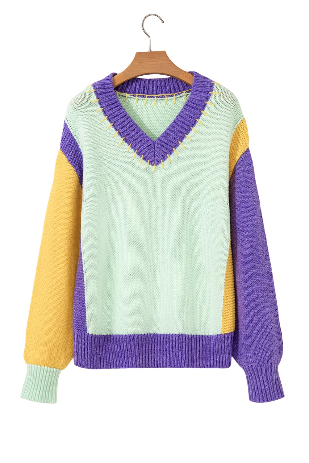 Green Stitched V Neck Color Block Knitted Drop Shoulder Sweater