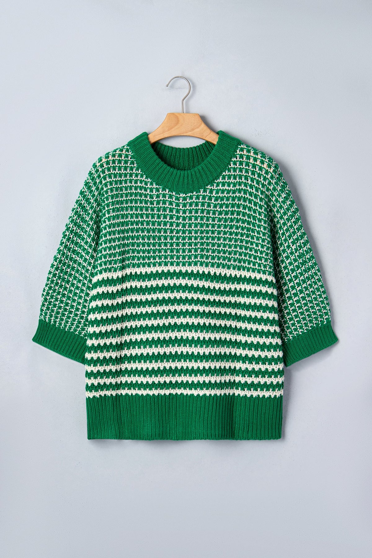 Green Stripe 3/4 Draped Sleeve Slouchy Sweater
