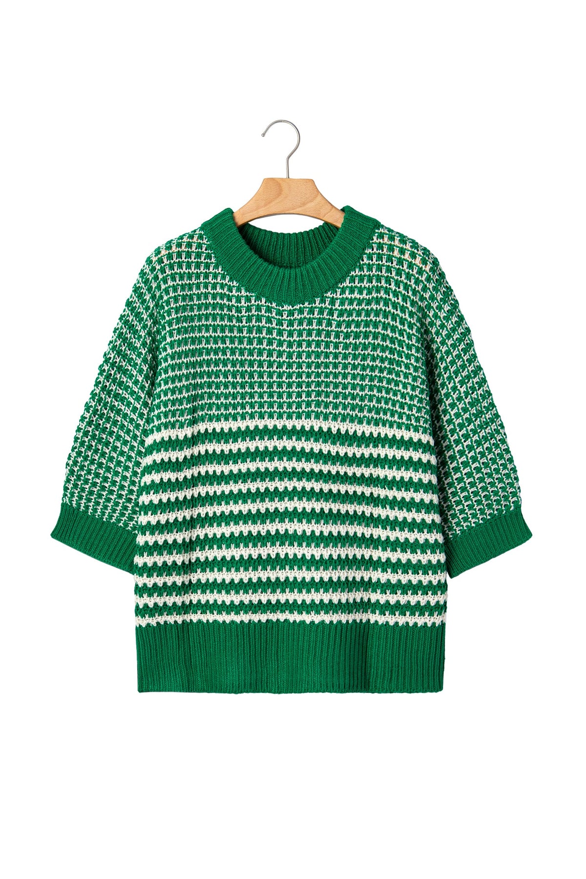 Green Stripe 3/4 Draped Sleeve Slouchy Sweater