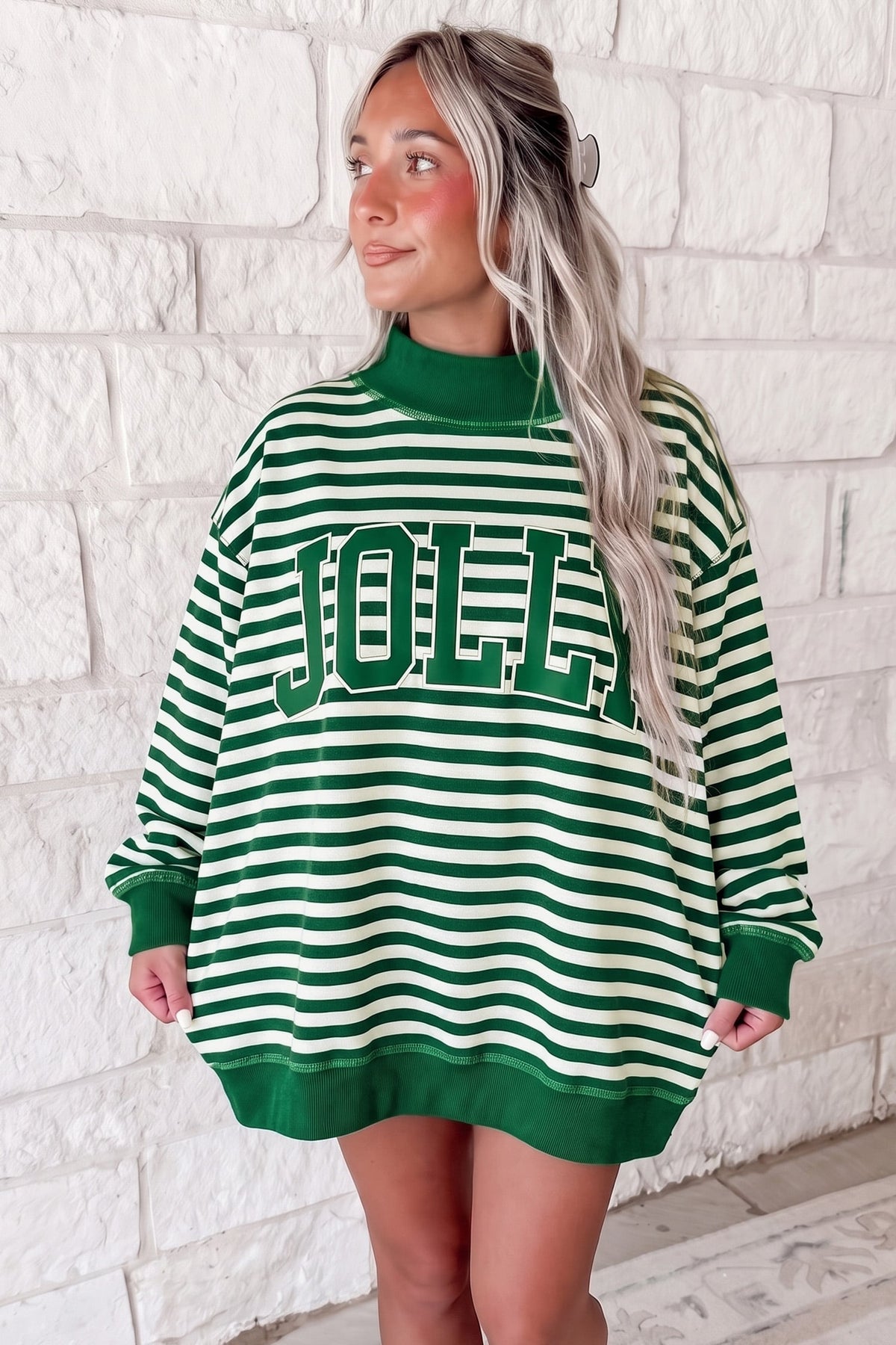 Green Stripe Christmas Slogan Embroidery Patched Mock Neck Oversized Sweatshirt