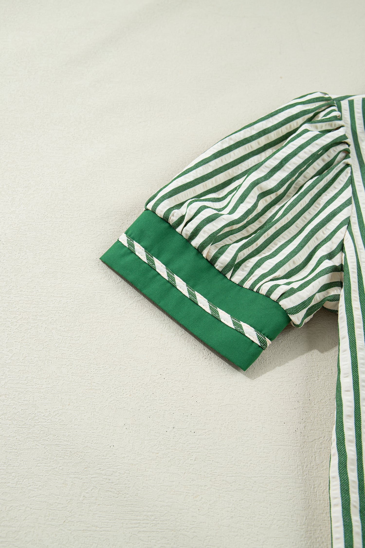 Green Stripe Collared Split Neck Short Bubble Sleeve Blouse