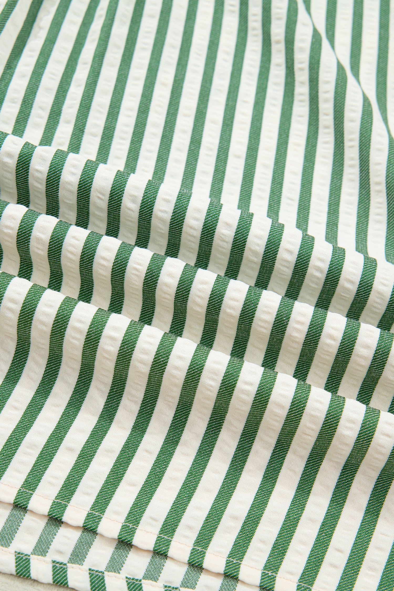 Green Stripe Collared Split Neck Short Bubble Sleeve Blouse