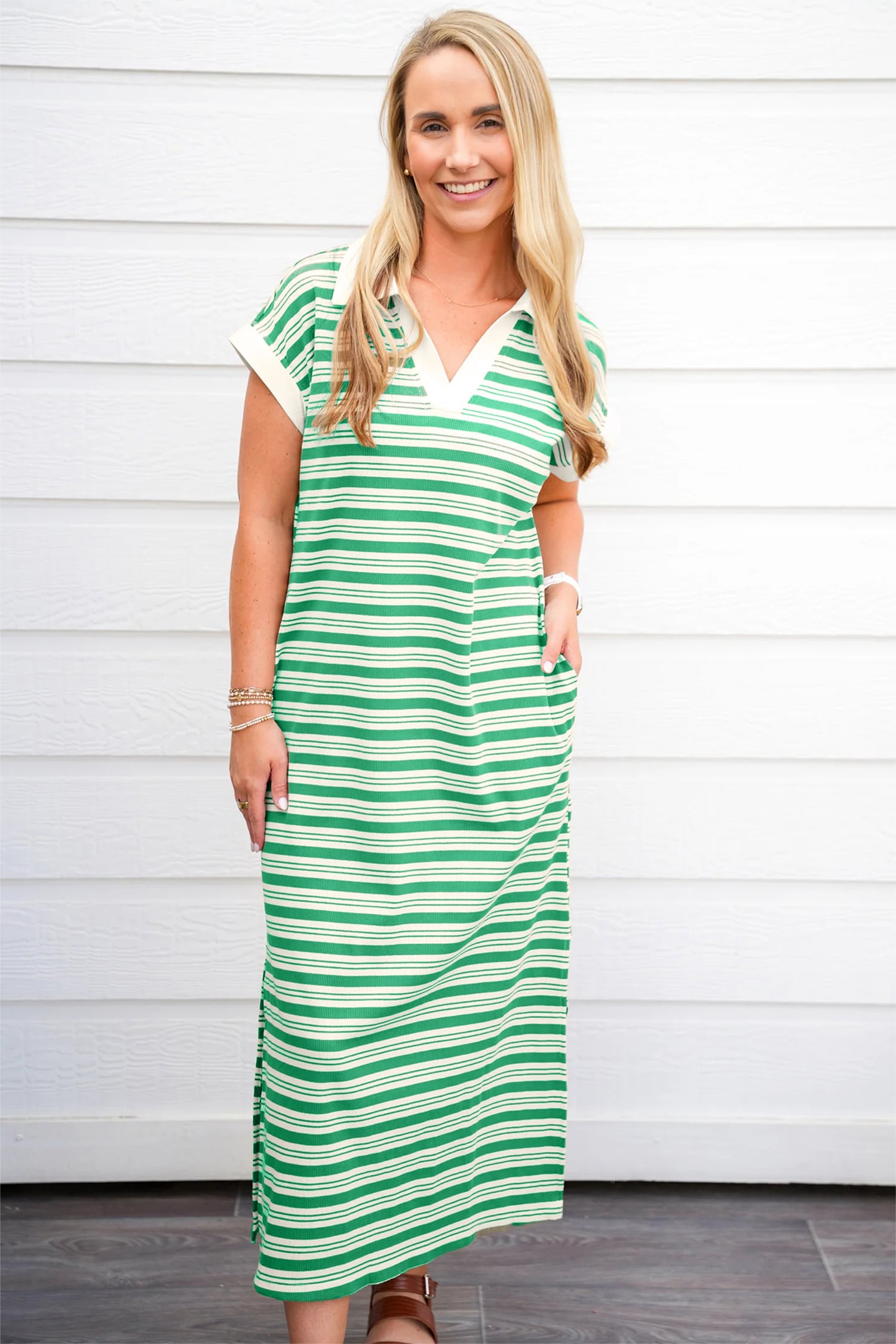 Green Stripe Collared V Neck Short Sleeve T Shirt Midi Dress with Pockets