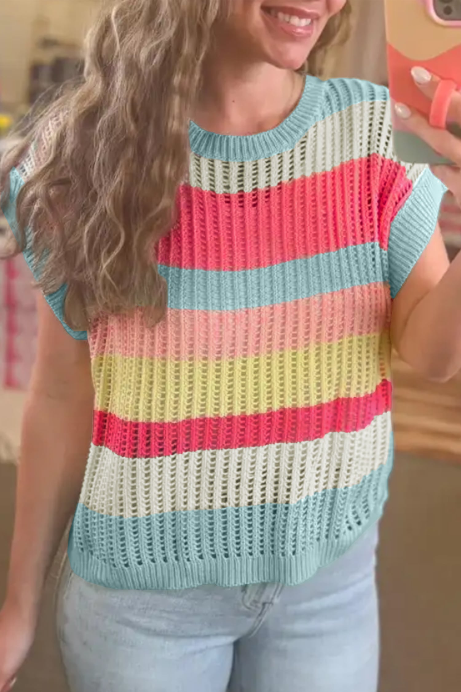 Green Stripe Color Block Hollow Out Knit Short Sleeve Sweater