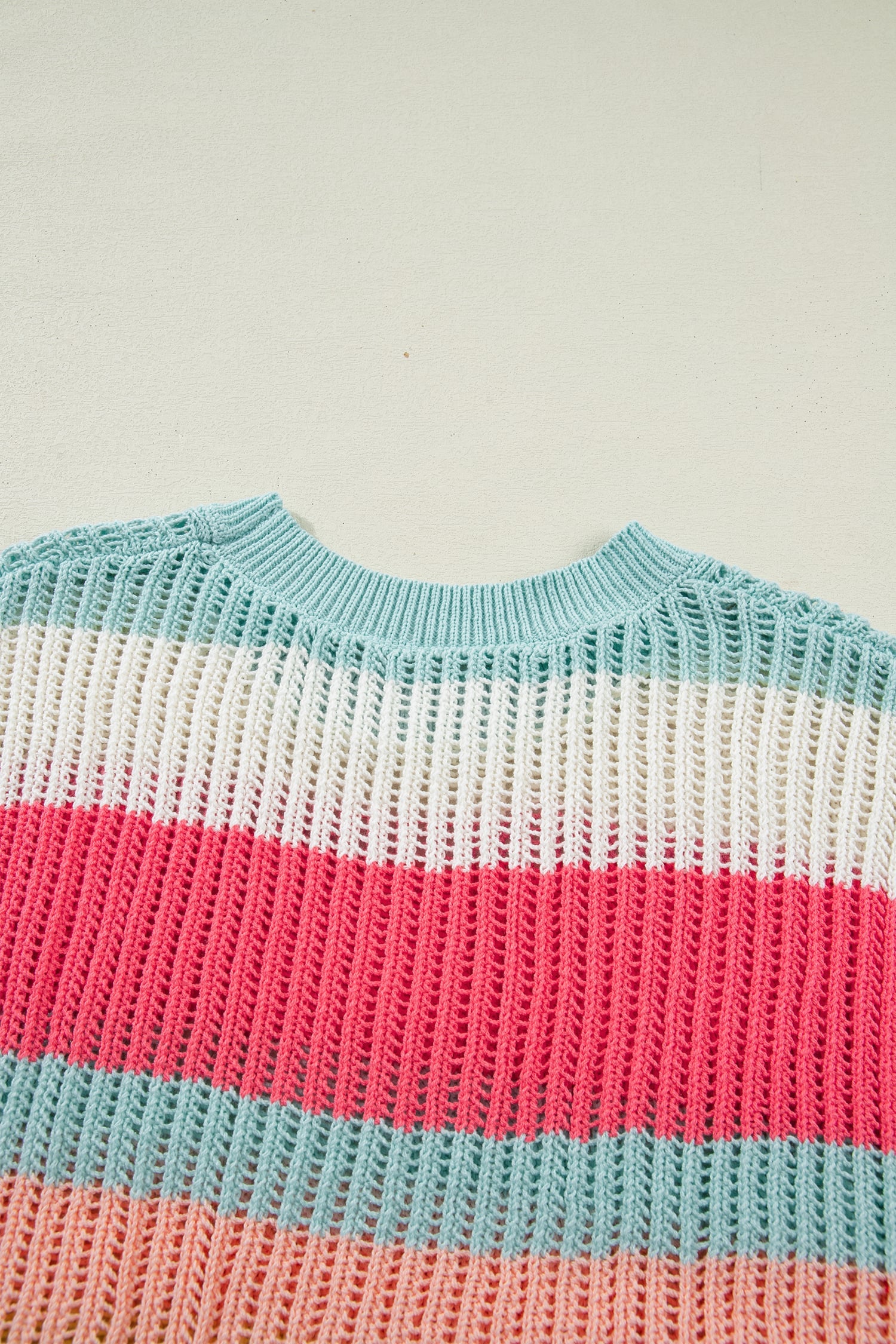 Green Stripe Color Block Hollow Out Knit Short Sleeve Sweater