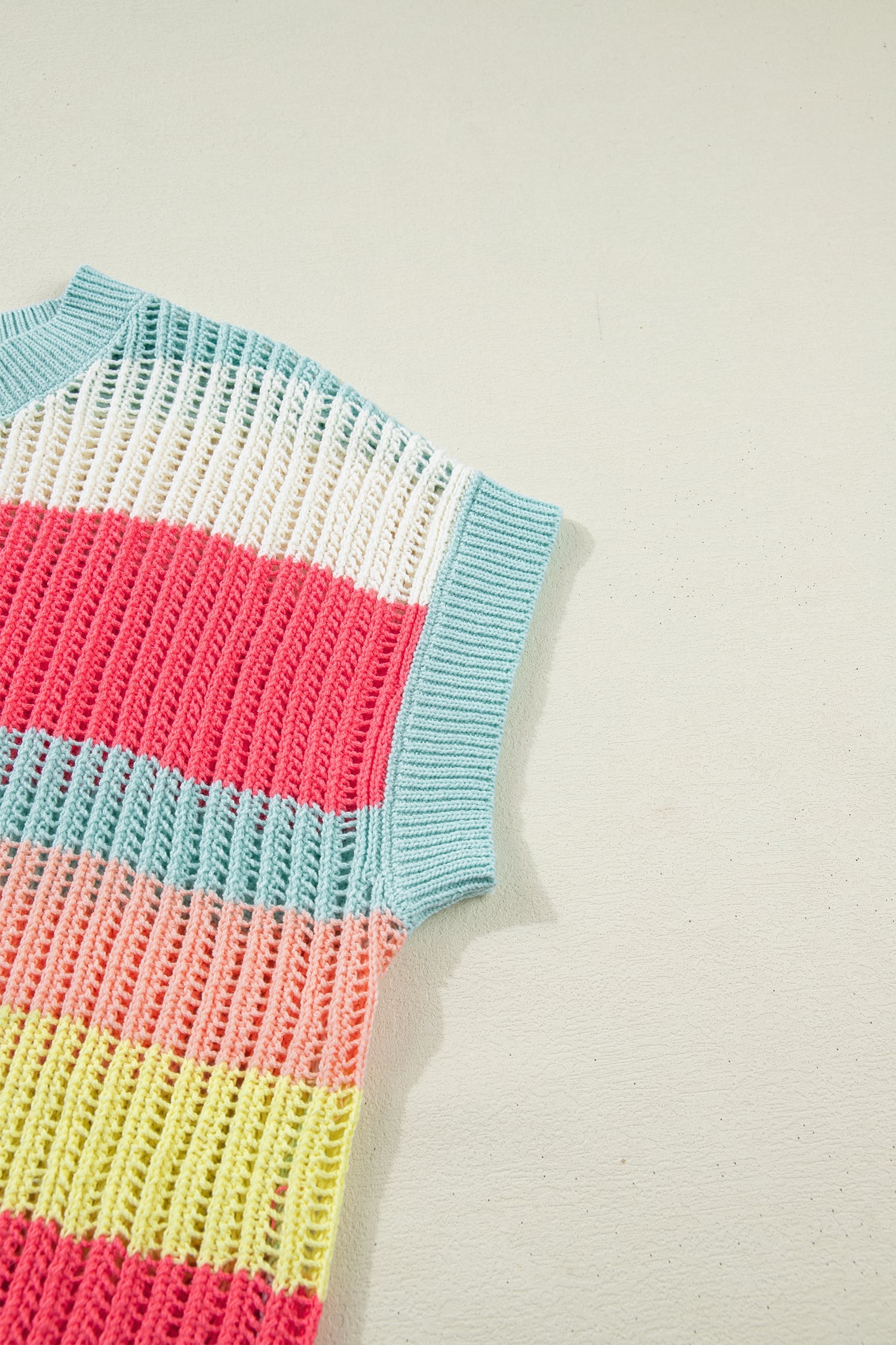 Green Stripe Color Block Hollow Out Knit Short Sleeve Sweater