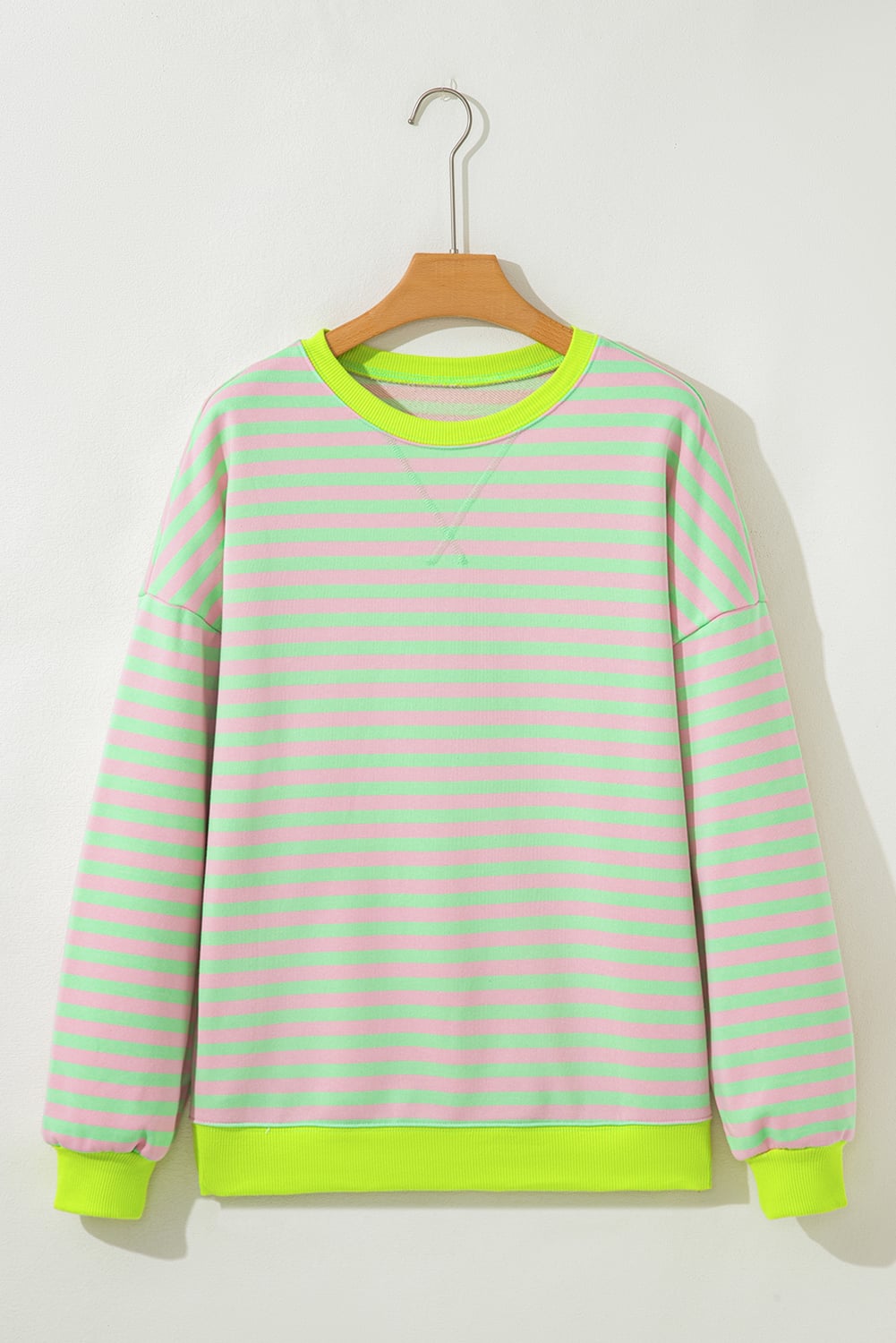 Green Stripe Contrast Ribbed Trim Crossed Stitch Drop Shoulder Sweatshirt