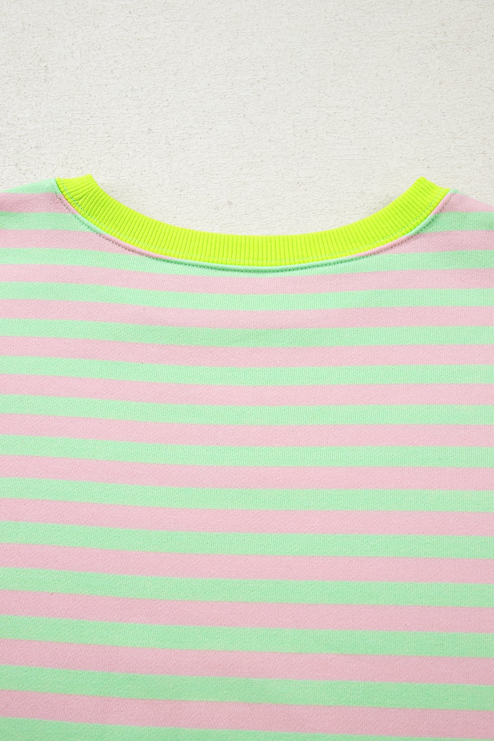 Green Stripe Contrast Ribbed Trim Crossed Stitch Drop Shoulder Sweatshirt
