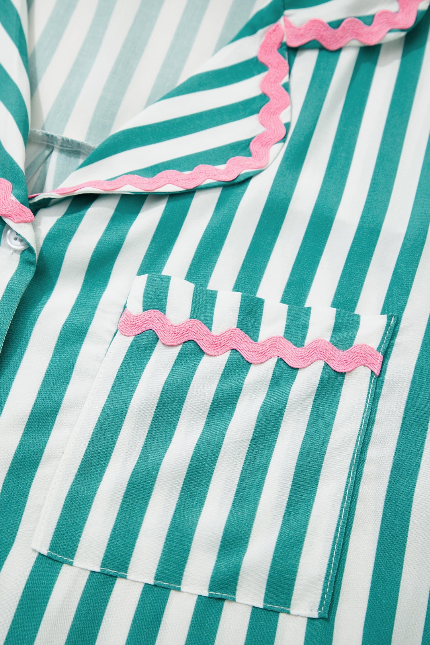 Green Stripe Contrast Ricrac Trim Long Sleeve Shirt Drawstring Ruffled Pajama Short Set