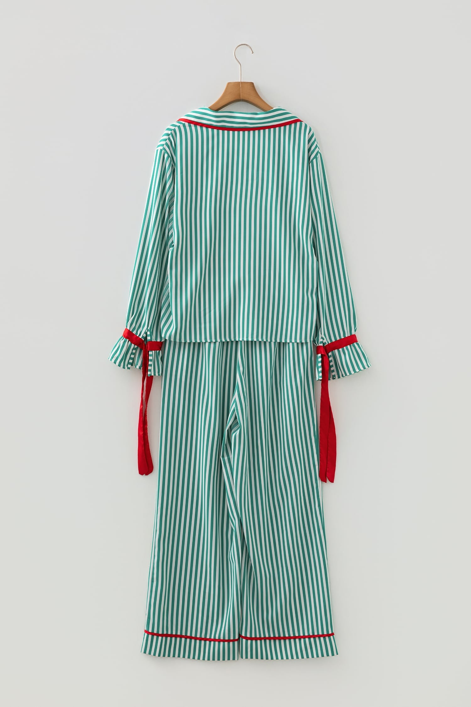 Green Stripe Contrast Velvet Trim Bow Knot Waist 2pcs Pajama Set