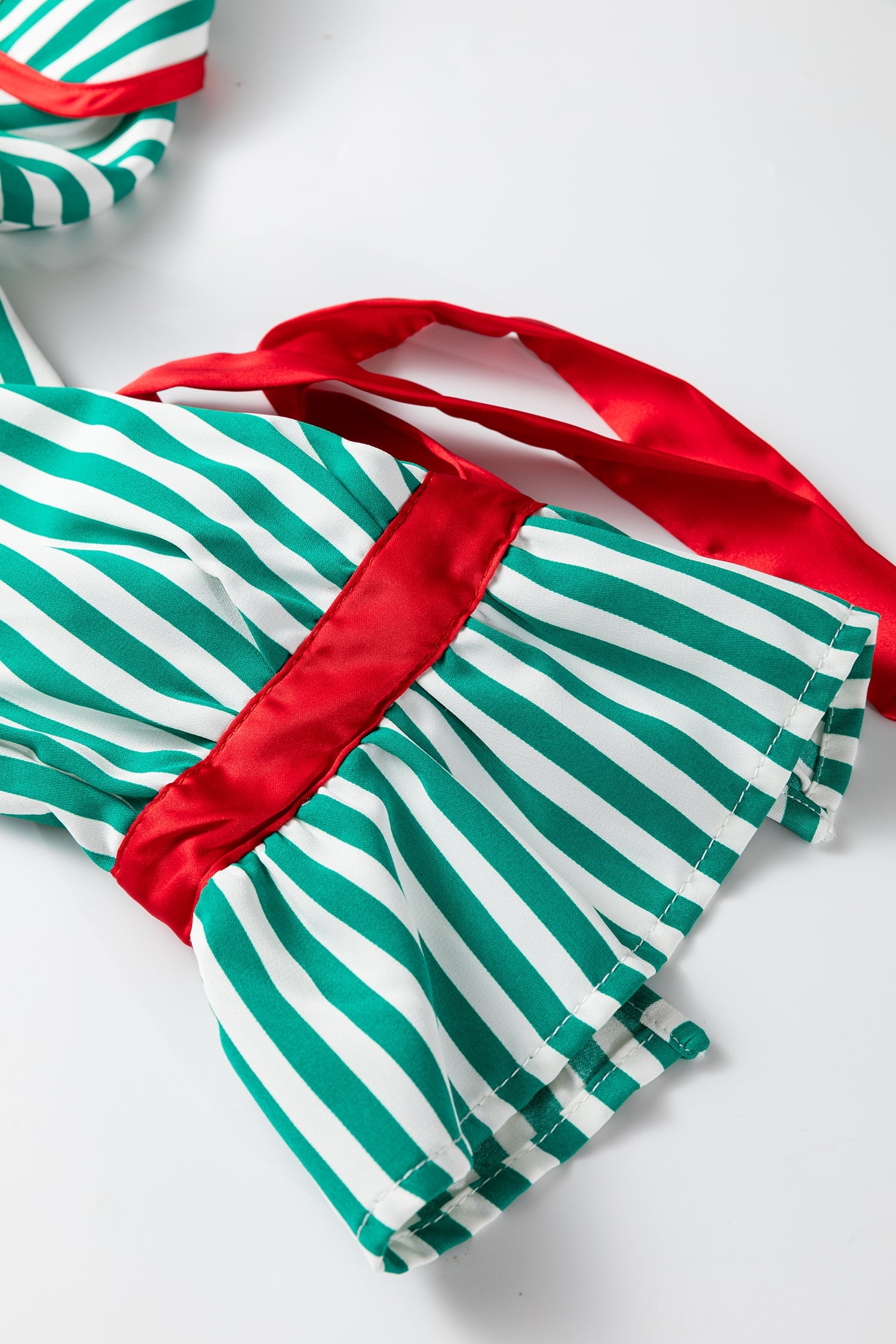 Green Stripe Contrast Velvet Trim Bow Knot Waist 2pcs Pajama Set