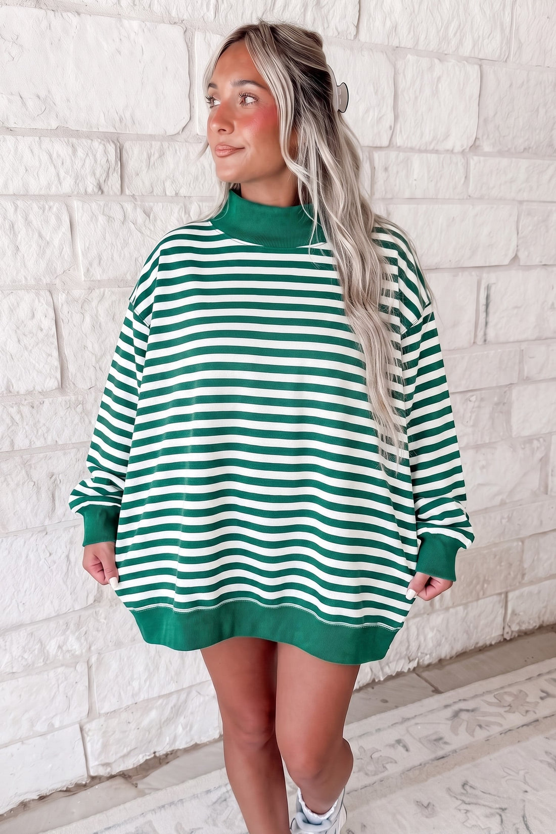 Green Stripe Cozy Mock Neck Oversized Tunic Sweatshirt