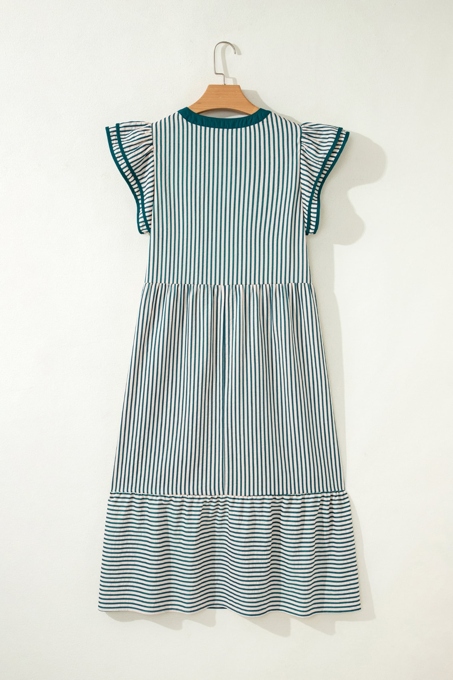 Green Stripe Double Ruffled Short Sleeve Contrast Trim V Neck Midi Dress