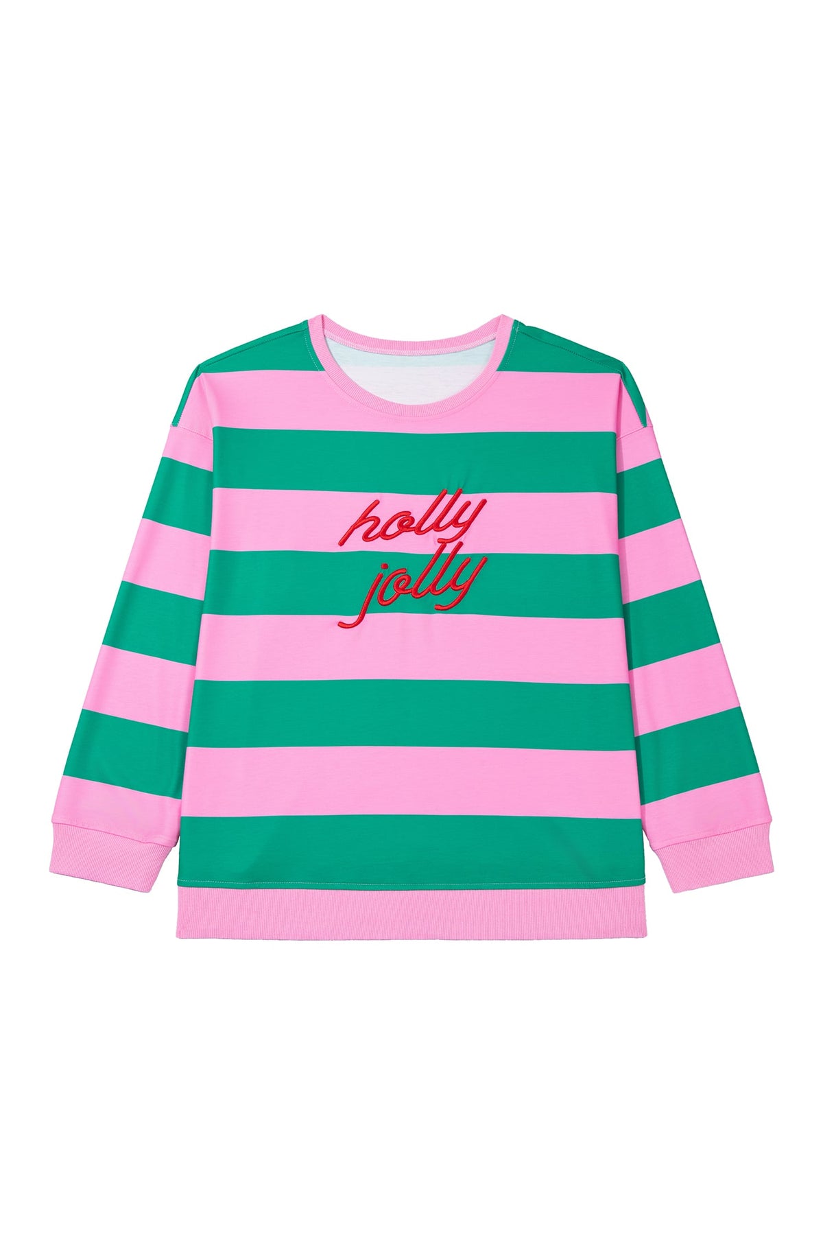 Green Stripe Festive Holly Jolly Printed Casual Plus Size Sweatshirt
