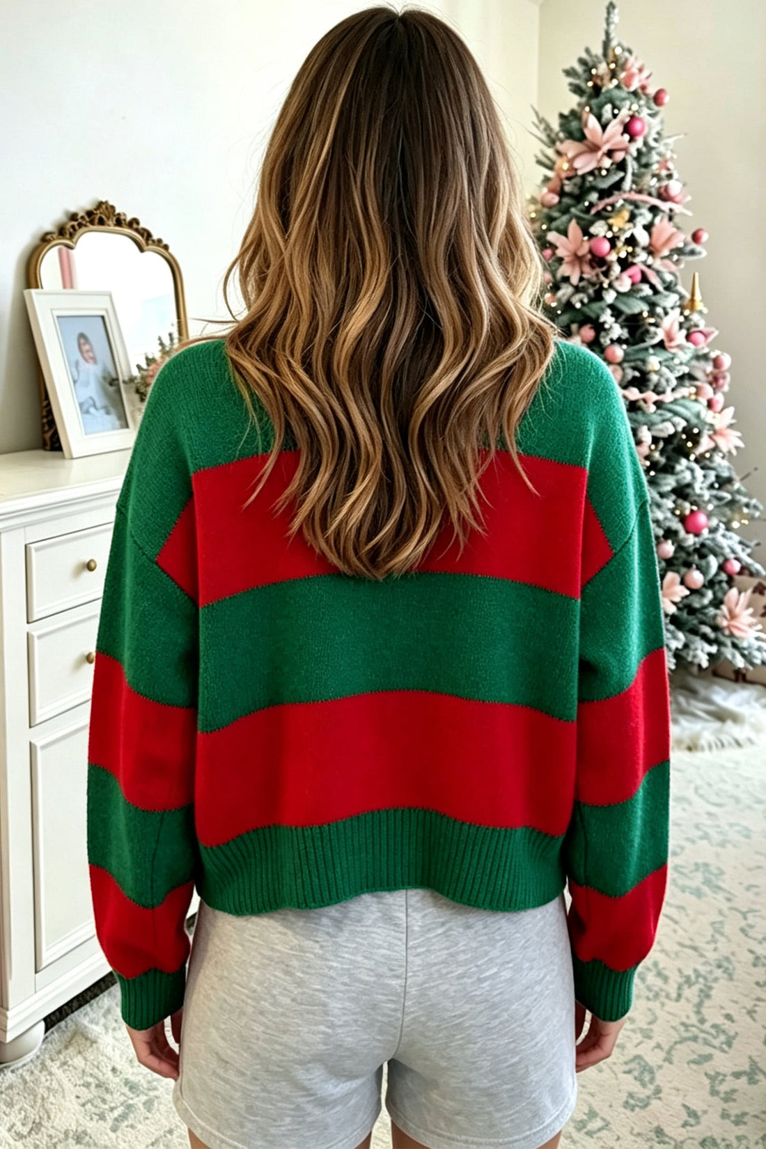 Green Stripe Festive Holly Jolly Sequin Christmas Holiday Sweater