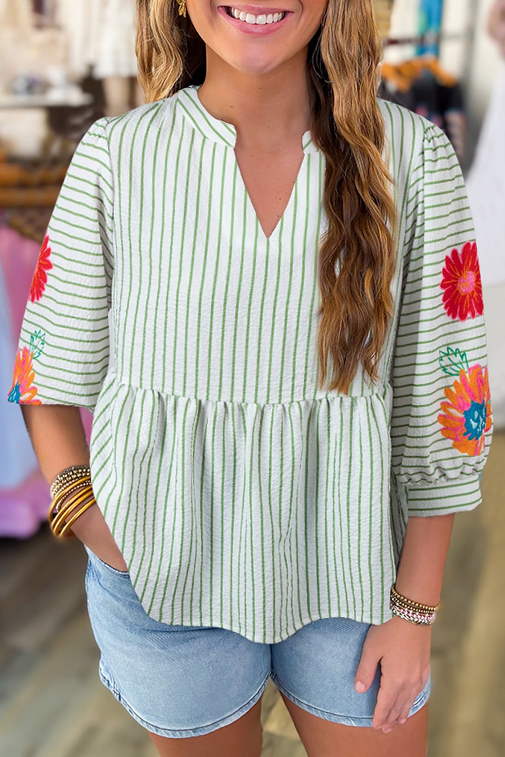 Green Stripe Flower Puff Sleeve Notched V Neck Babydoll Blouse