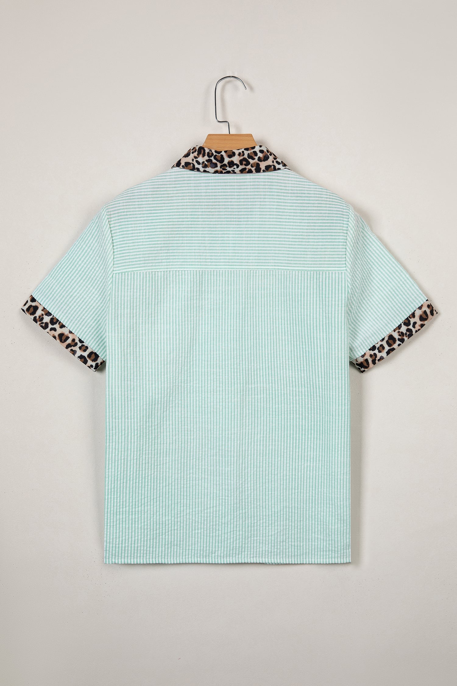 Green Stripe Leopard Contrast Collar Short Sleeve Shirt