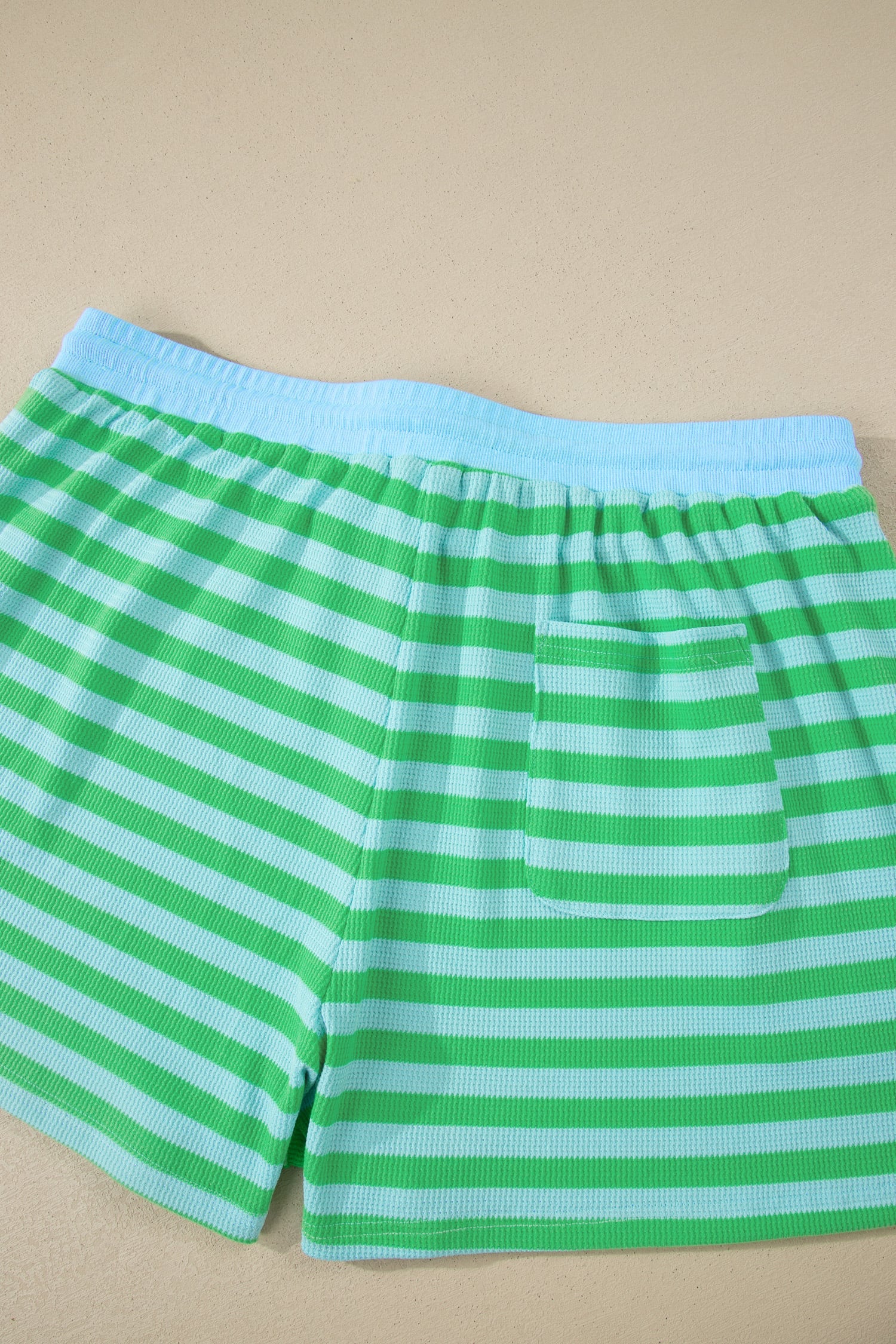 Green Stripe Plus Size Colorblock Detail Puff Sleeve Top Drawstring Shorts 2pcs Outfit