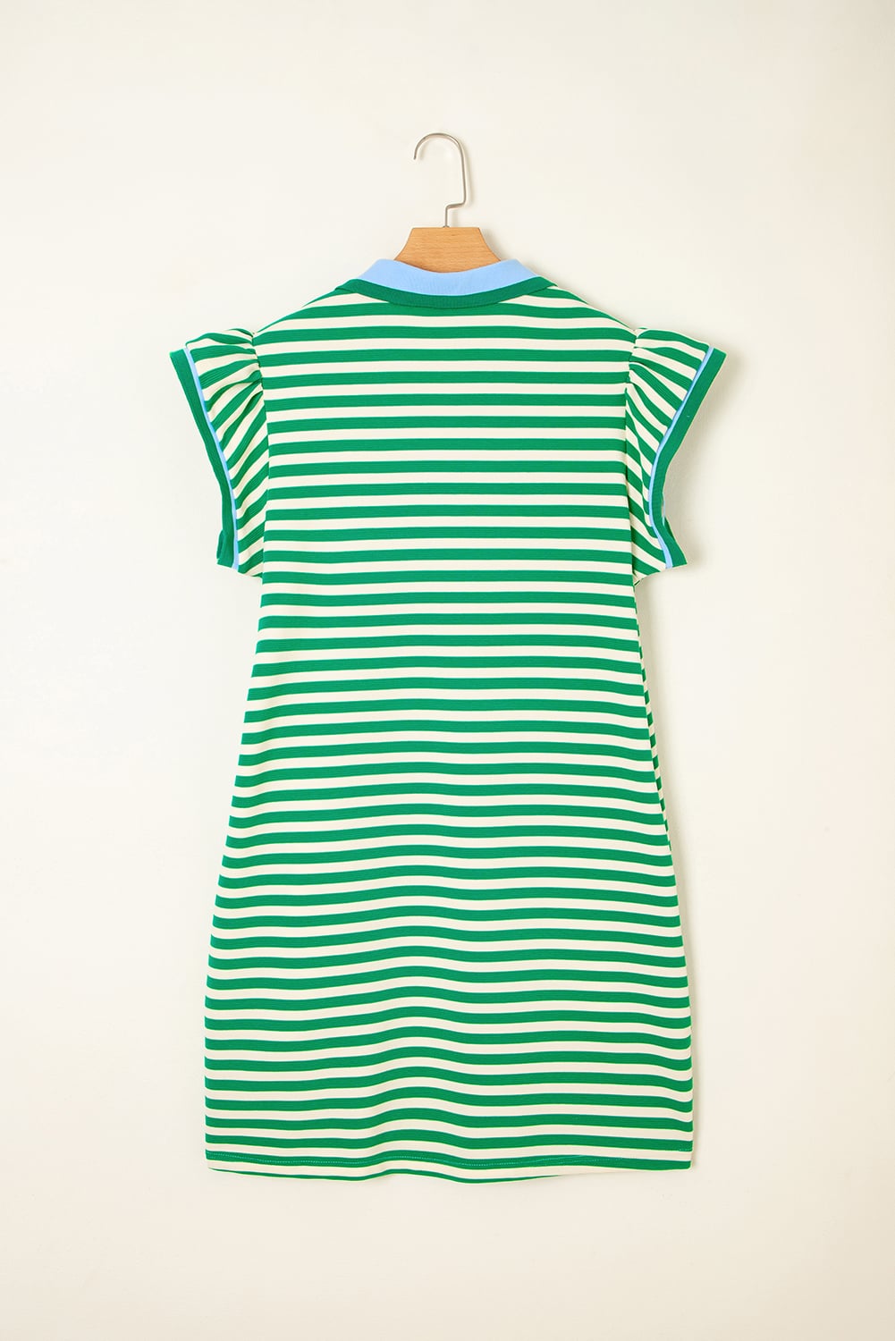 Green Stripe Print Contrast Collar Split Neck Flutter Sleeve Short Dress