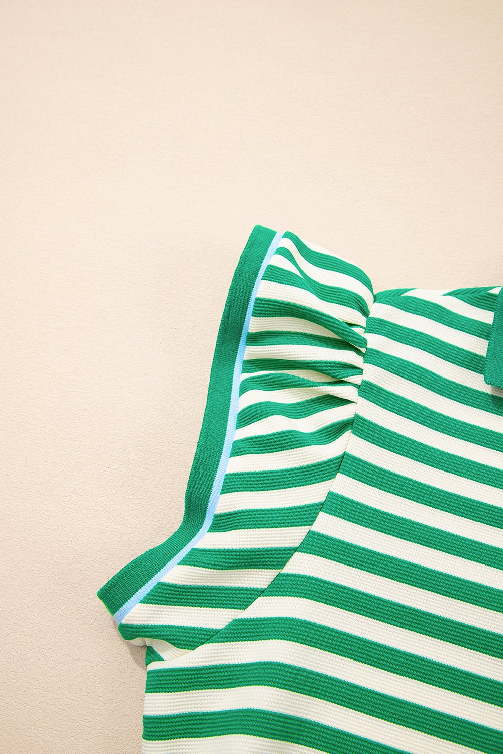 Green Stripe Print Contrast Collar Split Neck Flutter Sleeve Short Dress