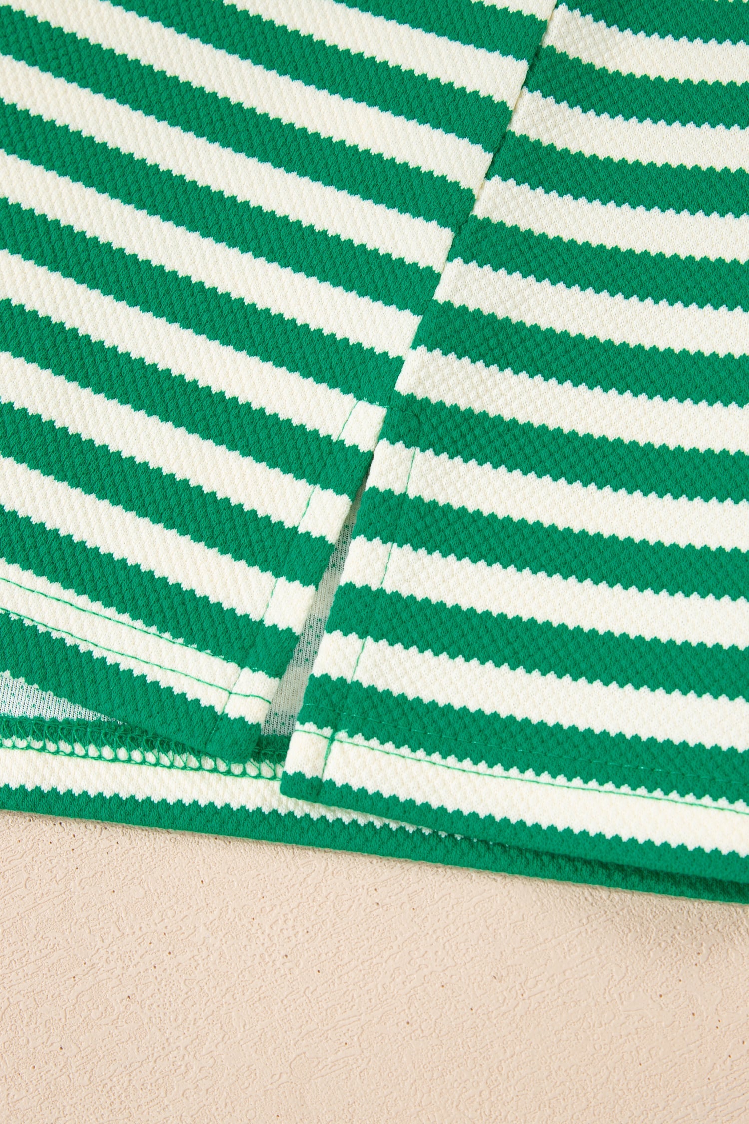 Green Stripe Puff Short Sleeve Patchwork V Neck Blouse
