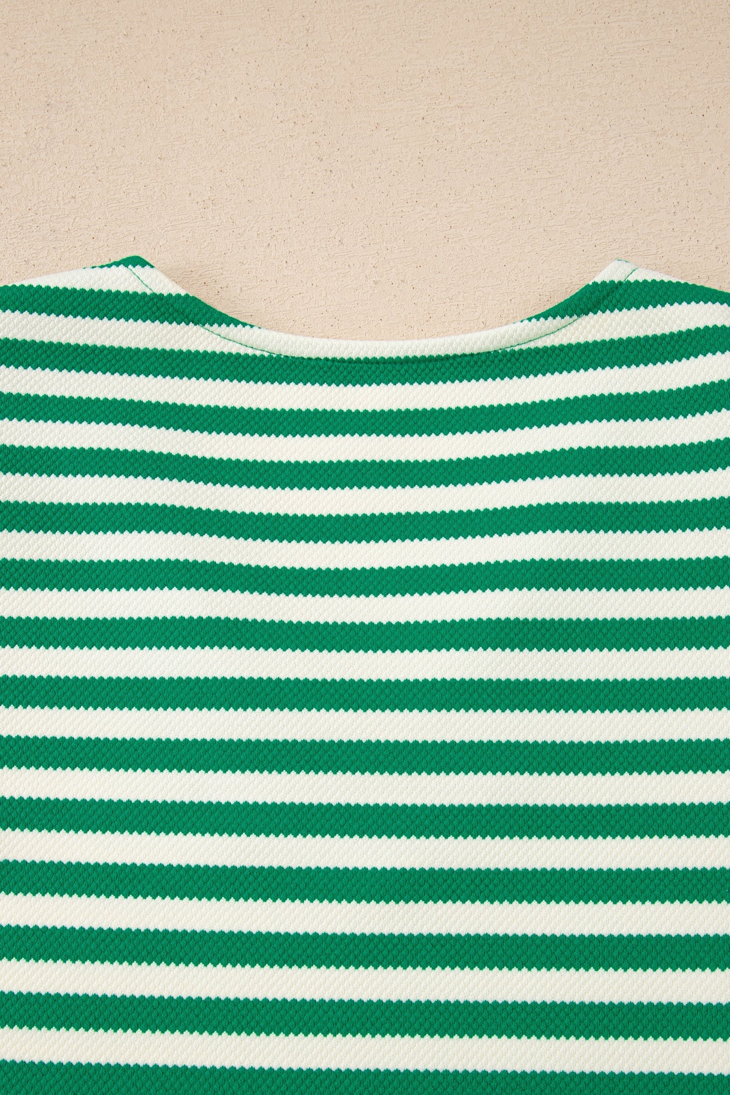 Green Stripe Puff Short Sleeve Patchwork V Neck Blouse
