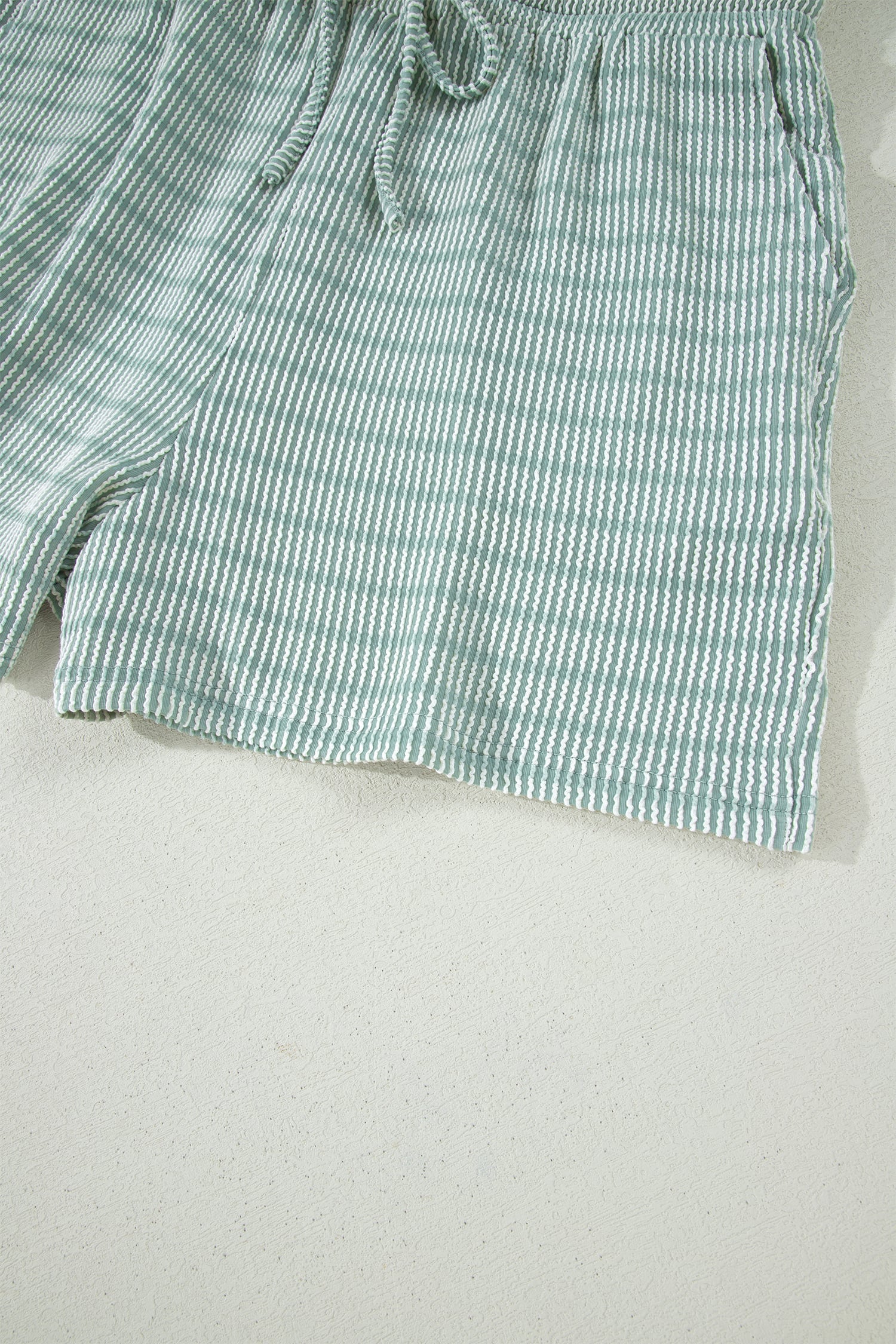 Green Stripe Raised Rib Loose Tee Drawstring Elastic Waist 2pcs Short Set