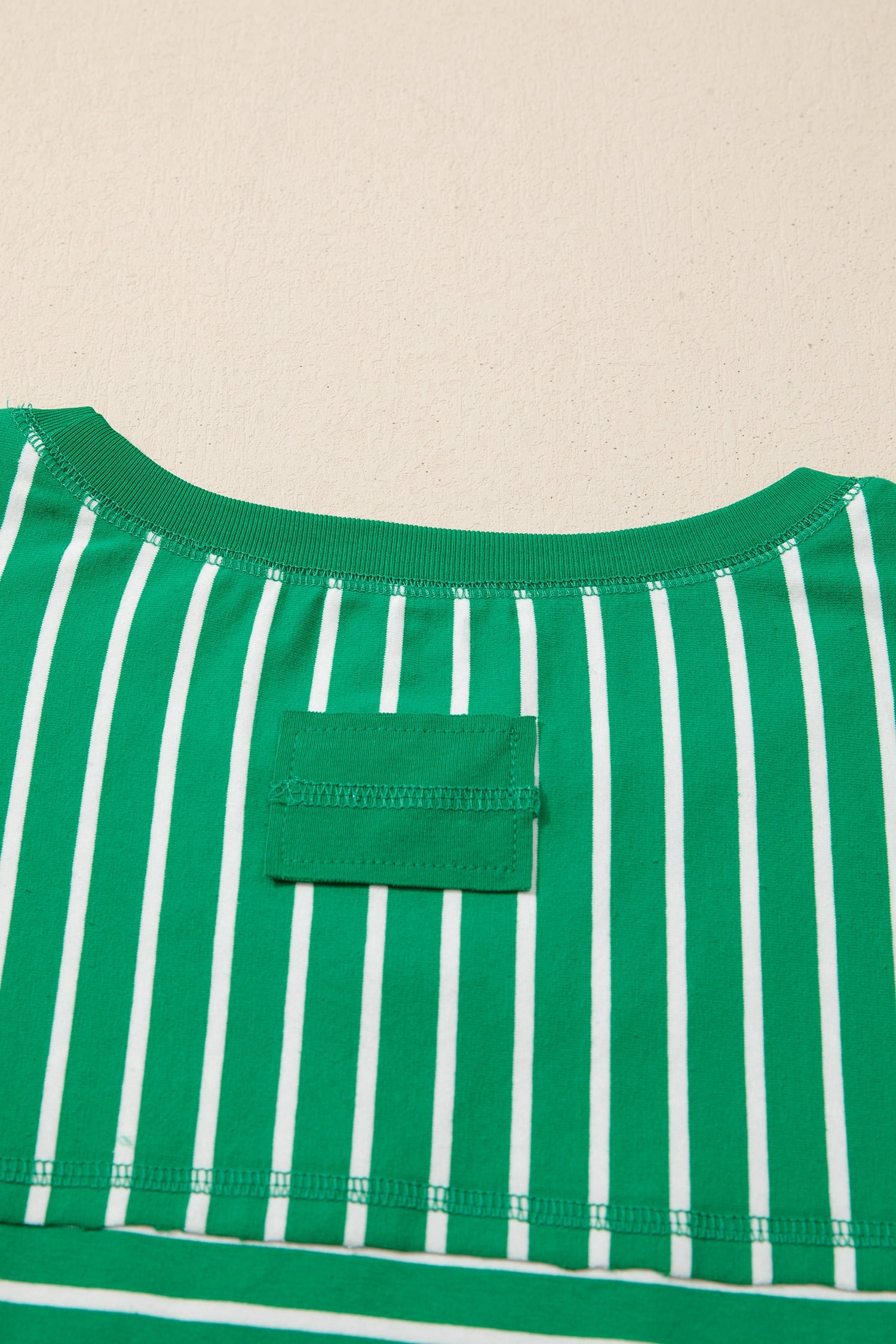 Green Stripe Ribbed Patchwork Seam Detail Half Sleeve Tee