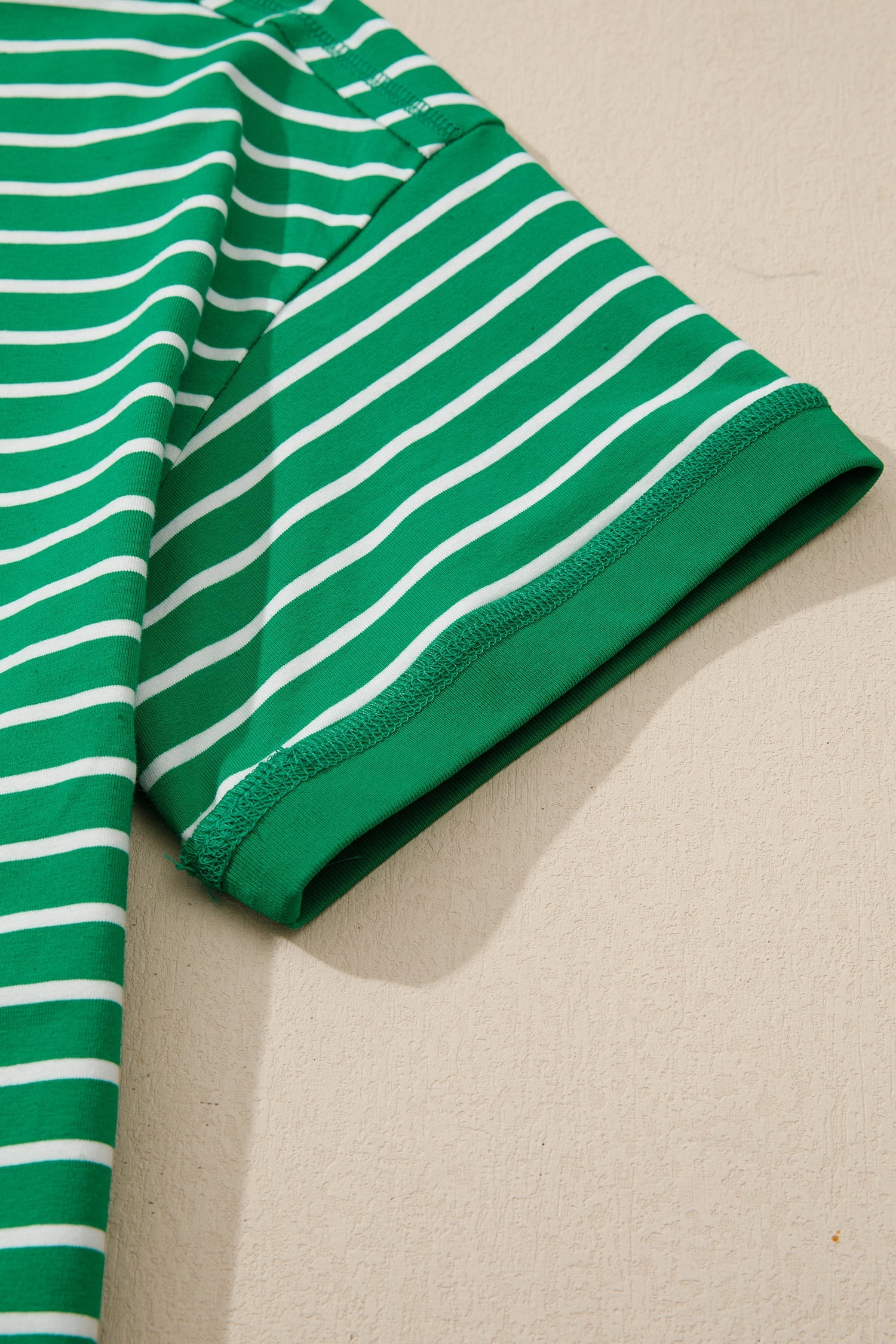 Green Stripe Ribbed Patchwork Seam Detail Half Sleeve Tee