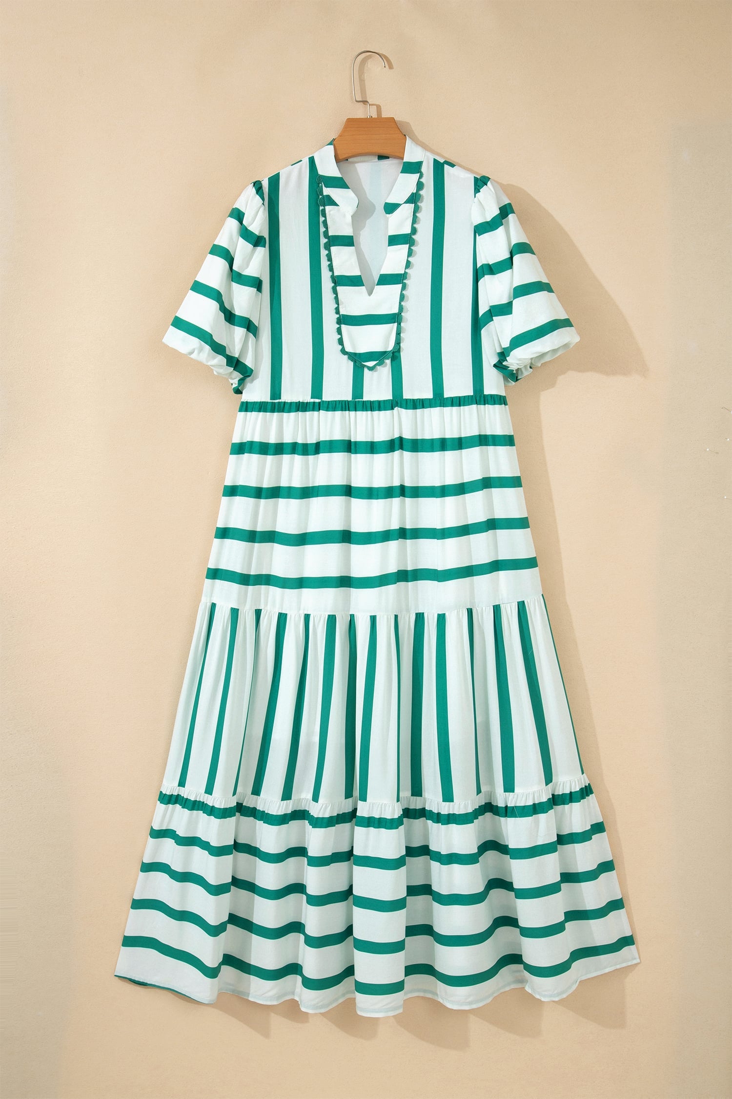 Green Stripe Ricrac Trim Notched Neck Half Sleeve Vacation Dress