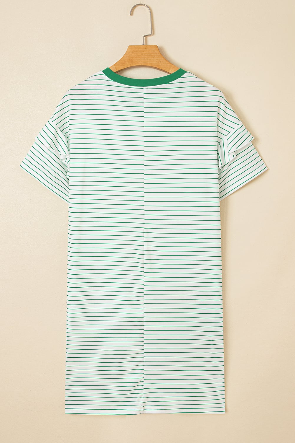 Green Stripe Ruffled Short Sleeve Crew Neck T Shirt Shift Mini Dress