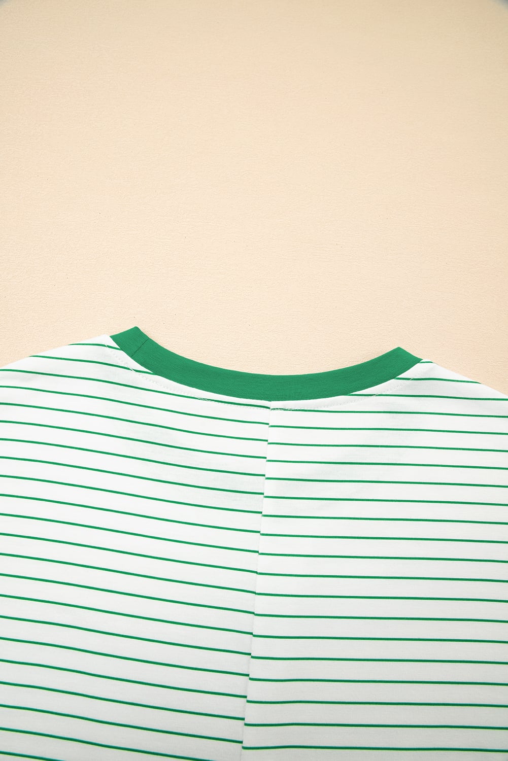 Green Stripe Ruffled Short Sleeve Crew Neck T Shirt Shift Mini Dress